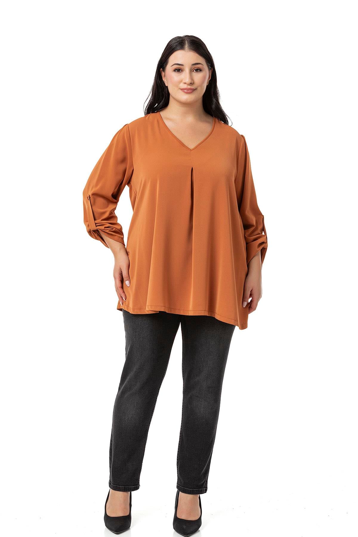 Plus Size V Neck Front Pleated Folded Sleeve Cinnamon Blouse