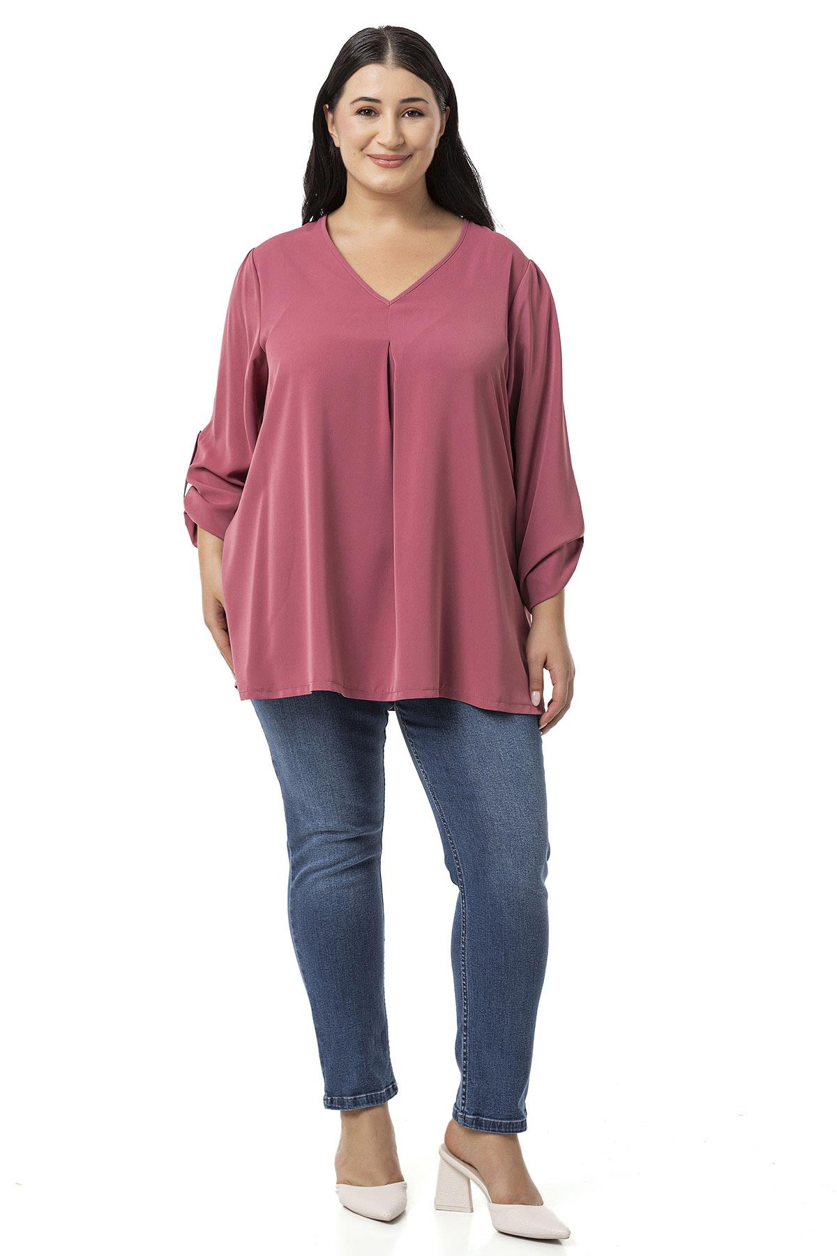Plus Size V Neck Front Pleated Folded Sleeve Rose Blouse