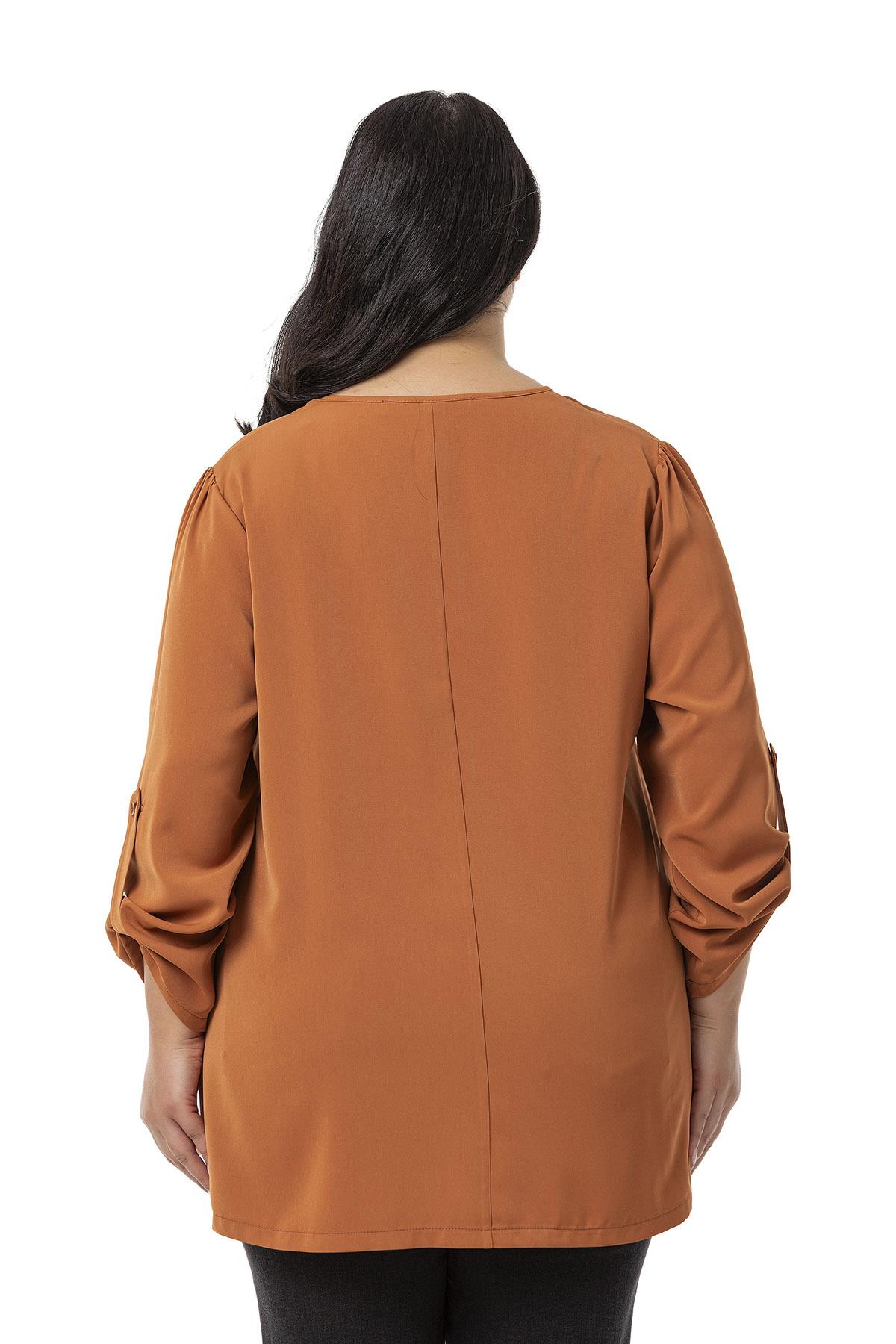 Plus Size V Neck Front Pleated Folded Sleeve Cinnamon Blouse
