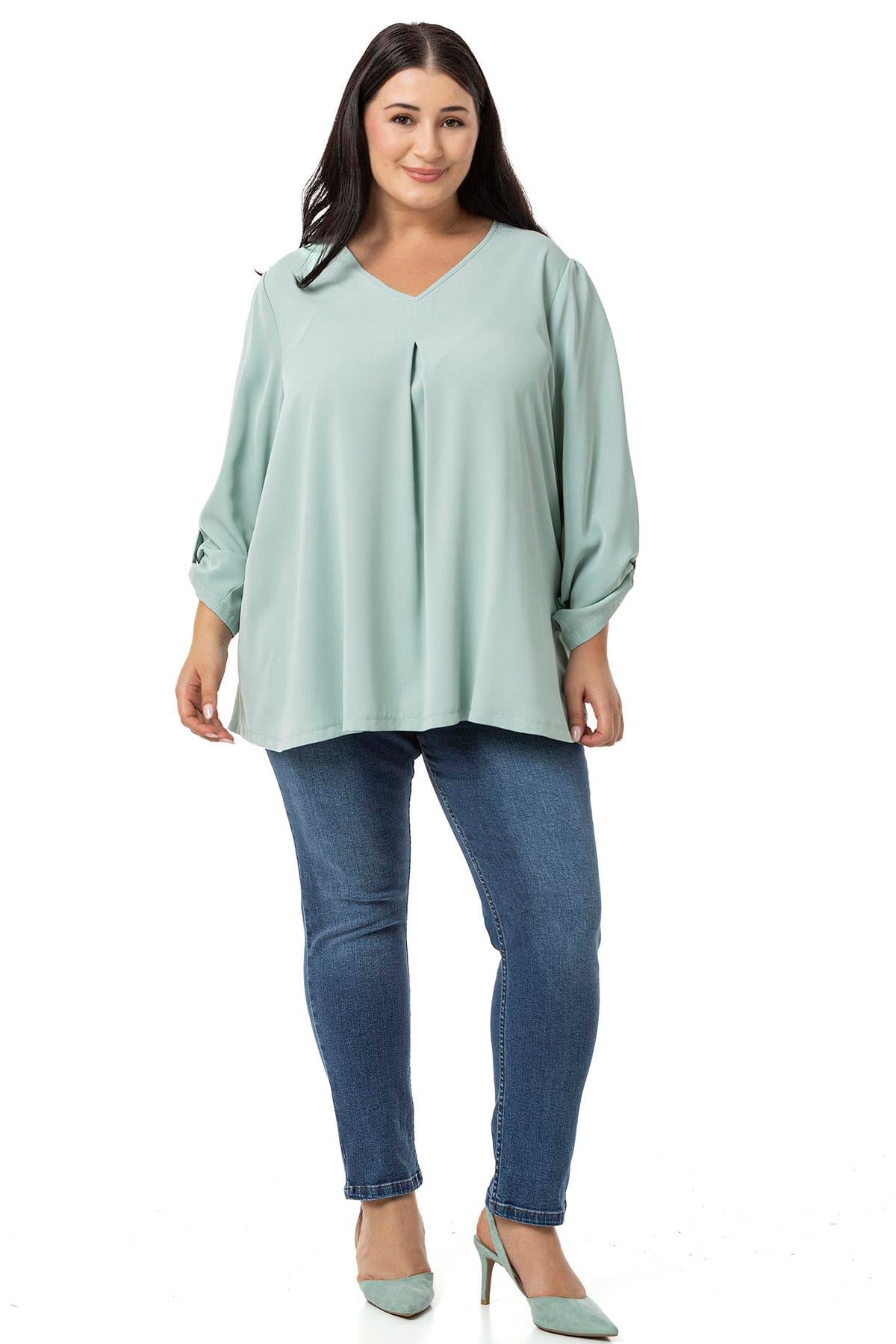 Plus Size V Neck Front Pleated Folded Sleeve Mint Blouse