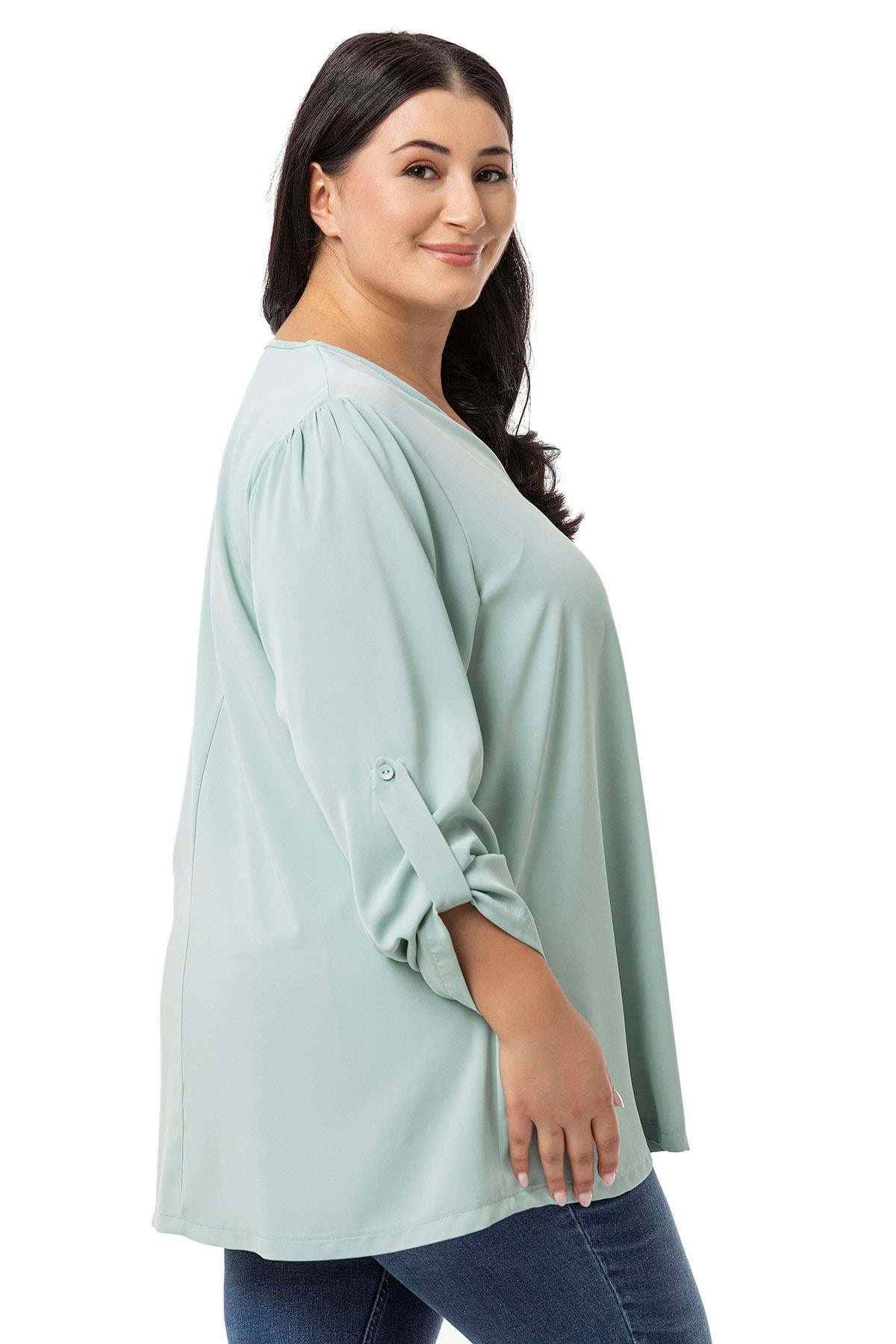 Plus Size V Neck Front Pleated Folded Sleeve Mint Blouse