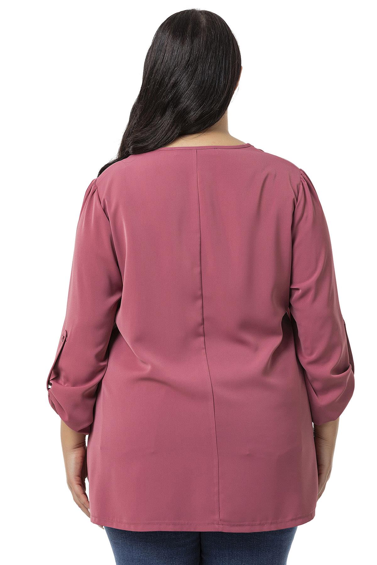 Plus Size V Neck Front Pleated Folded Sleeve Rose Blouse