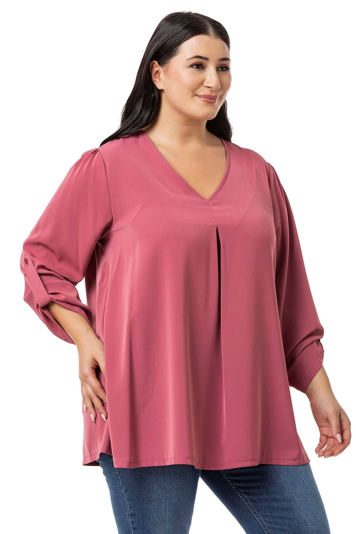 Plus Size V Neck Front Pleated Folded Sleeve Rose Blouse