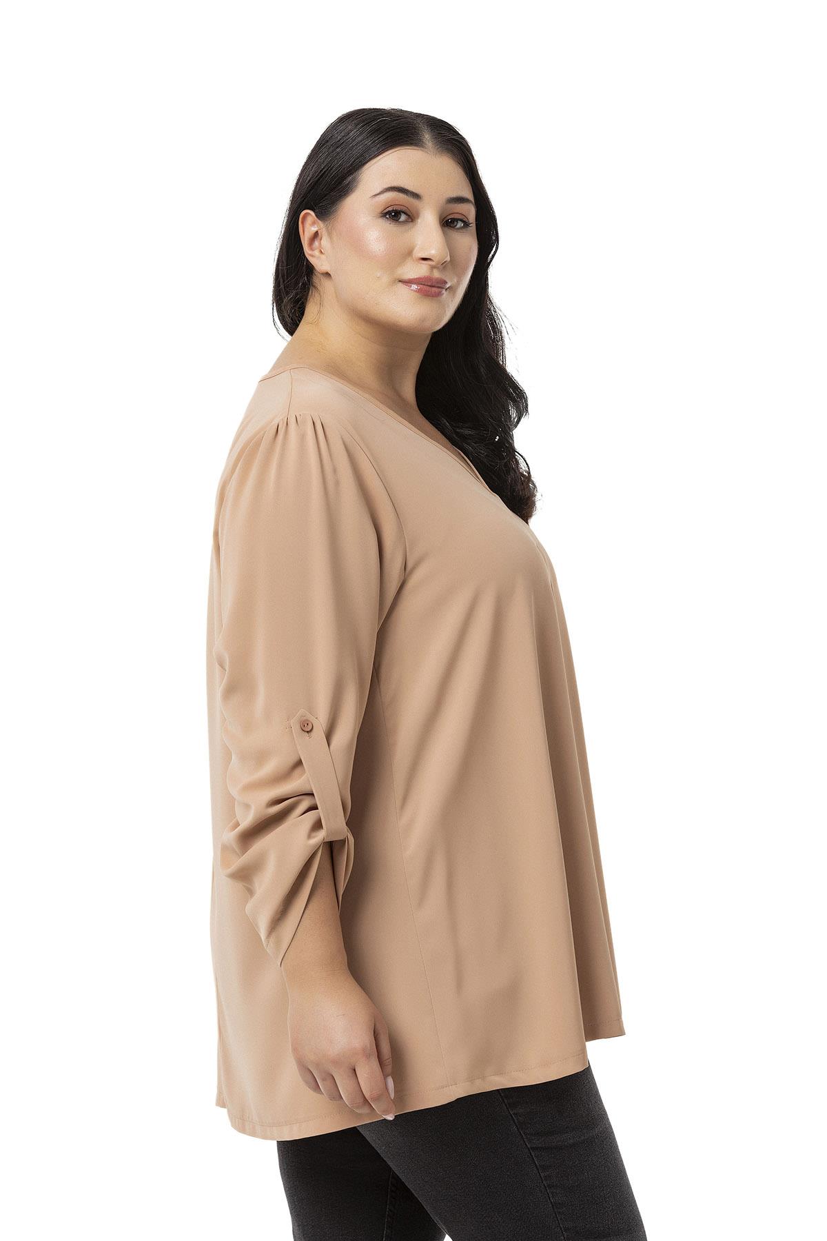 Büyük Beden V Yaka Önü Plikaşeli Katlamalı Kollu Camel Bluz 