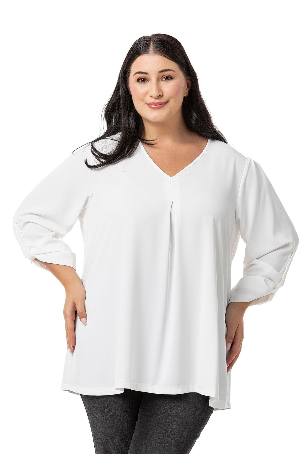 Plus Size V Neck Front Pleated Folded Sleeve White Blouse