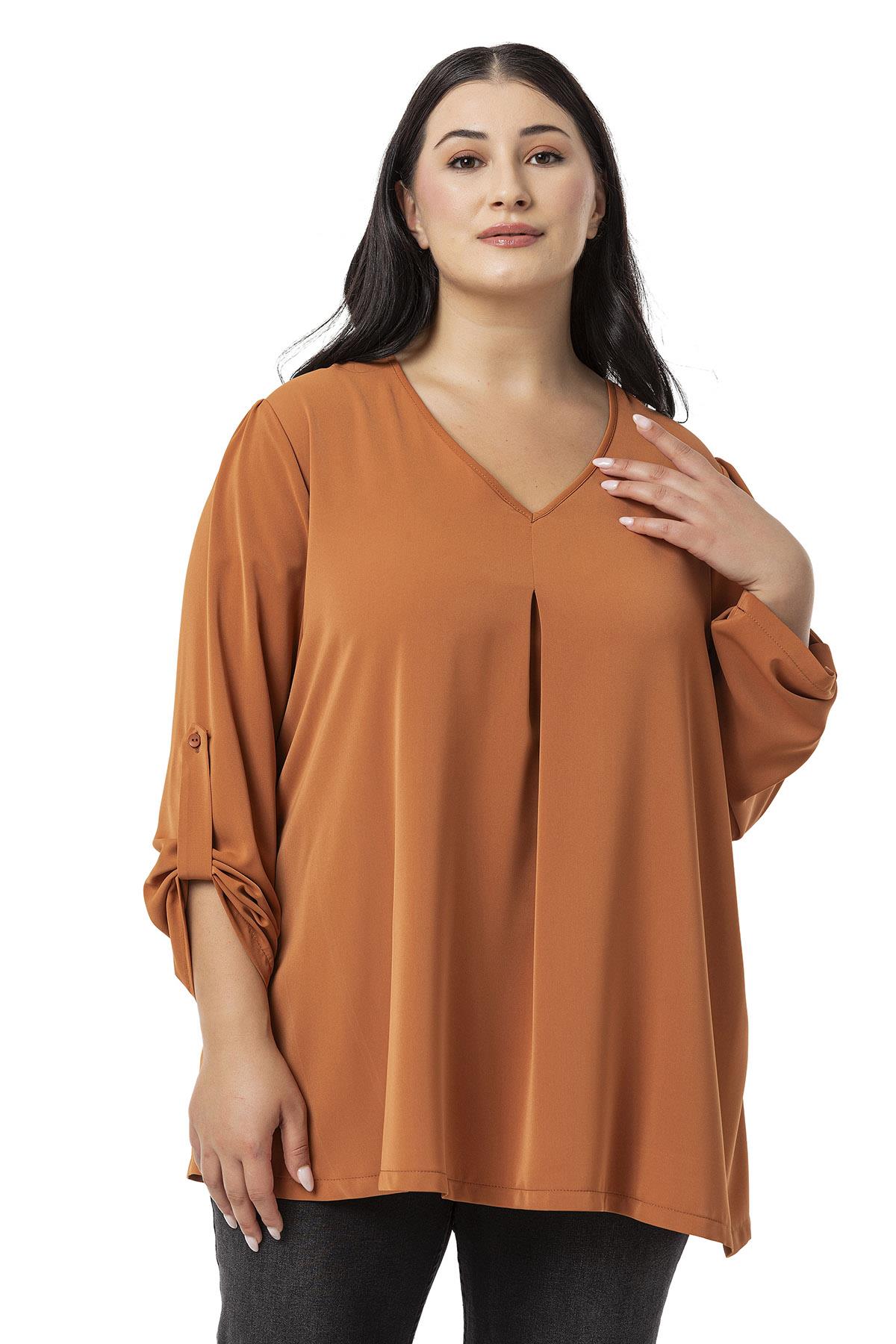 Plus Size V Neck Front Pleated Folded Sleeve Cinnamon Blouse