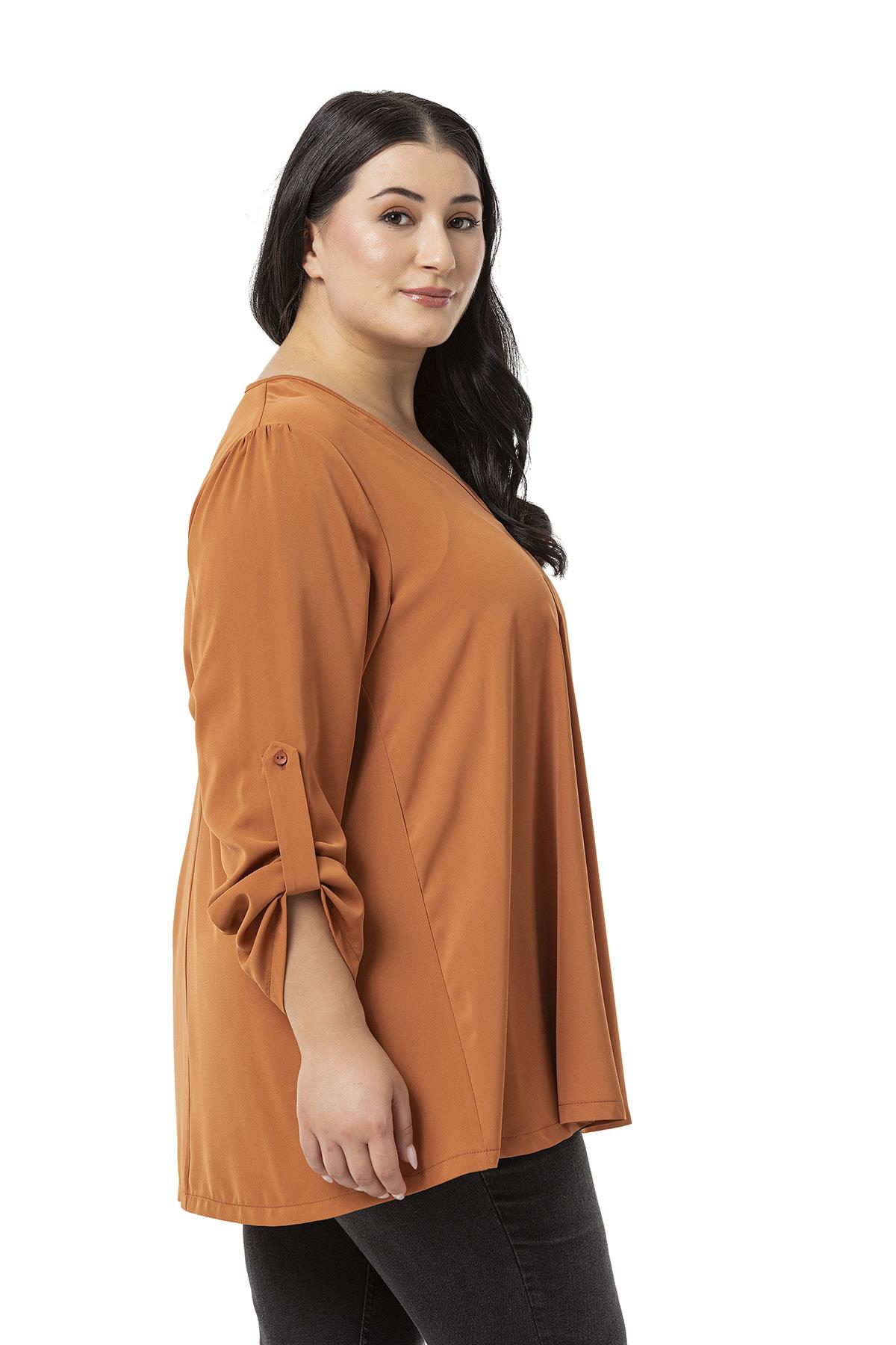 Plus Size V Neck Front Pleated Folded Sleeve Cinnamon Blouse