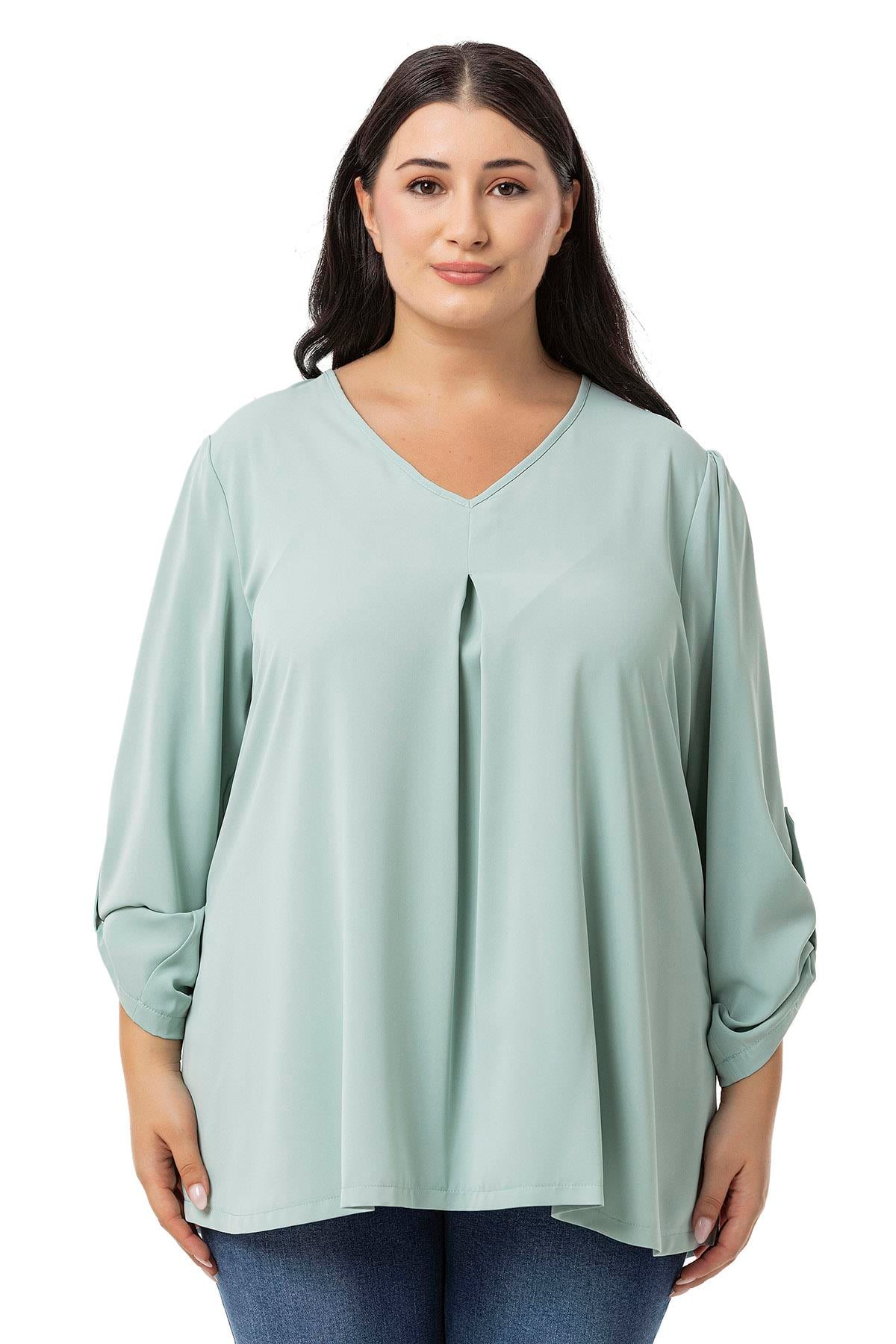 Plus Size V Neck Front Pleated Folded Sleeve Mint Blouse
