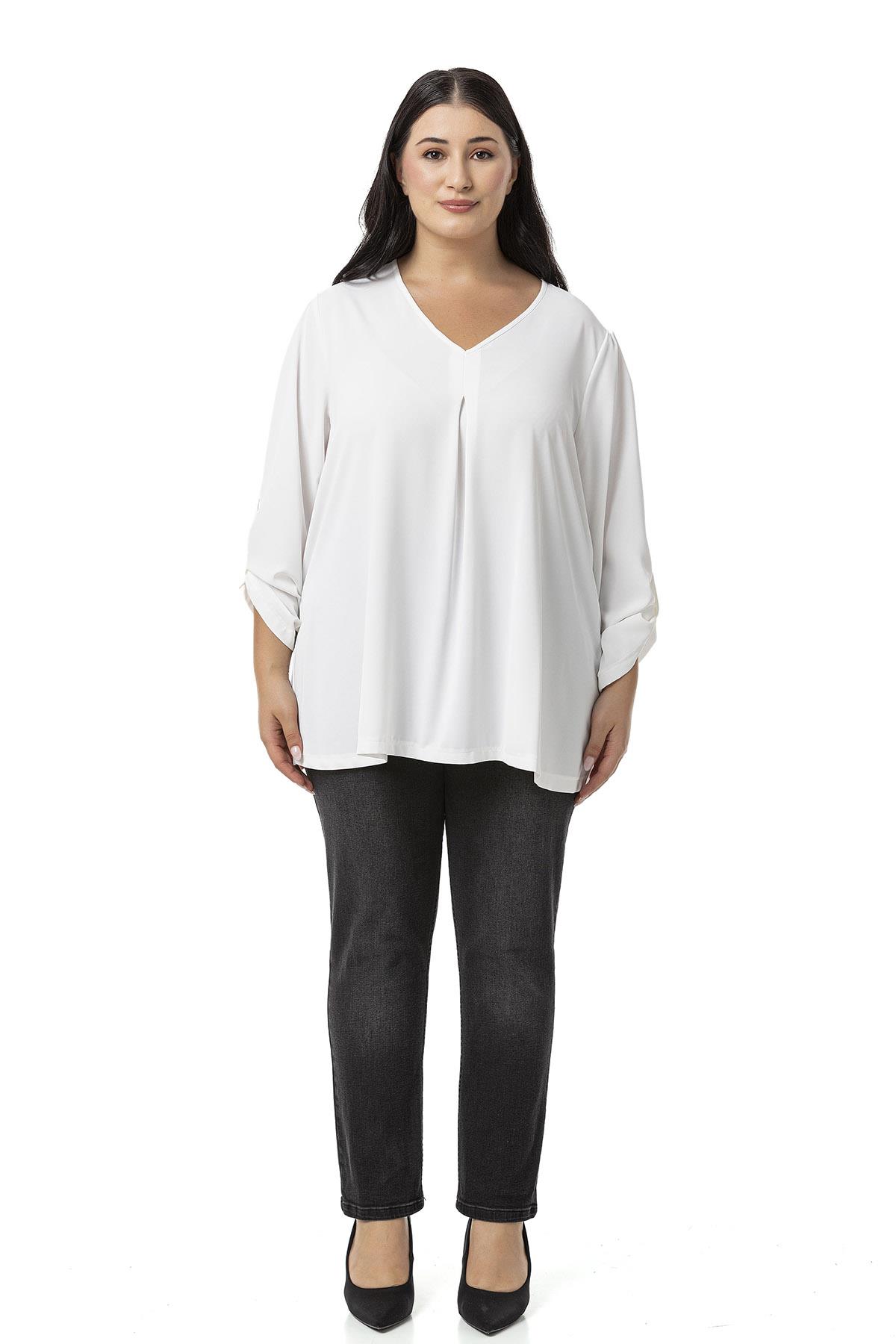 Plus Size V Neck Front Pleated Folded Sleeve White Blouse