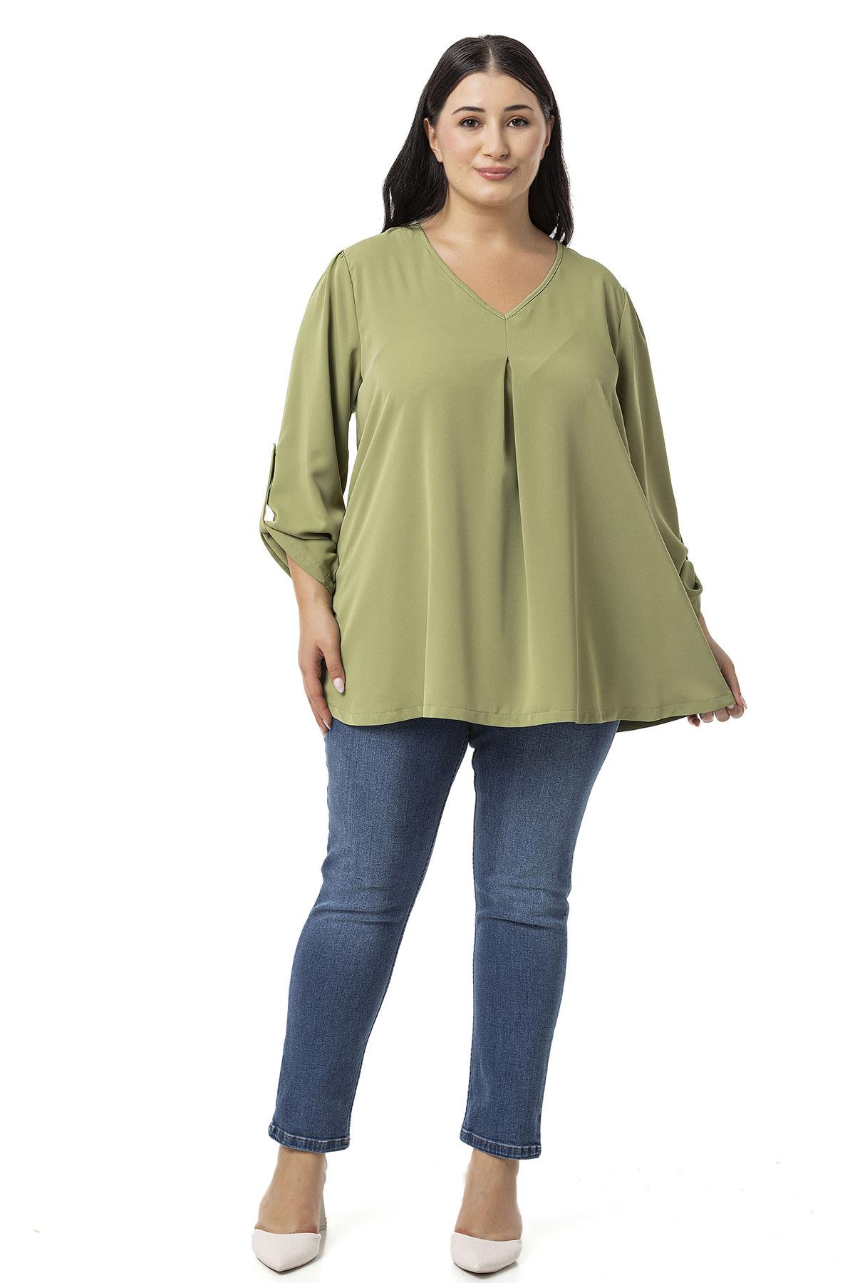 Plus Size V Neck Front Pleated Folded Sleeve Shamrock Blouse