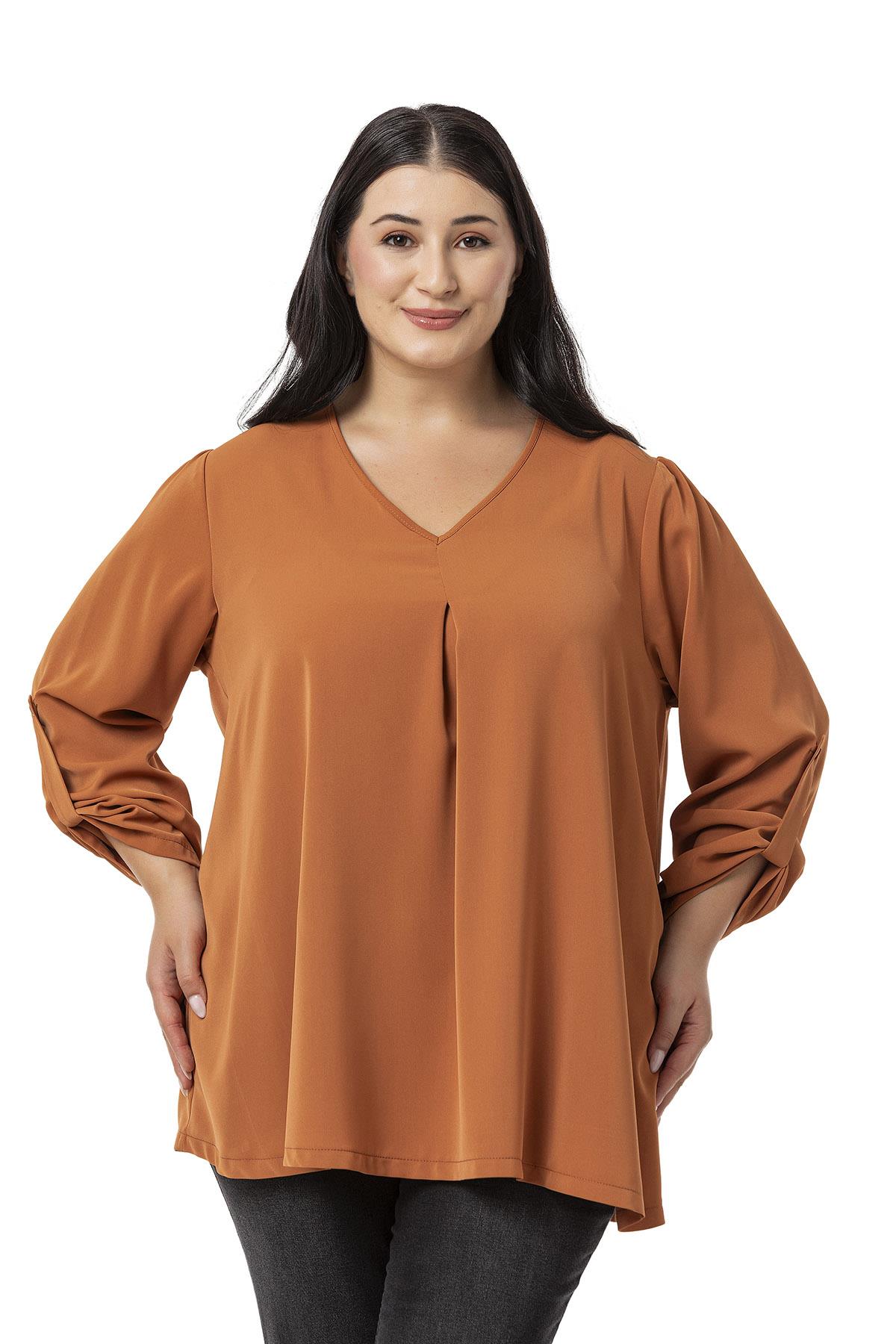 Plus Size V Neck Front Pleated Folded Sleeve Cinnamon Blouse