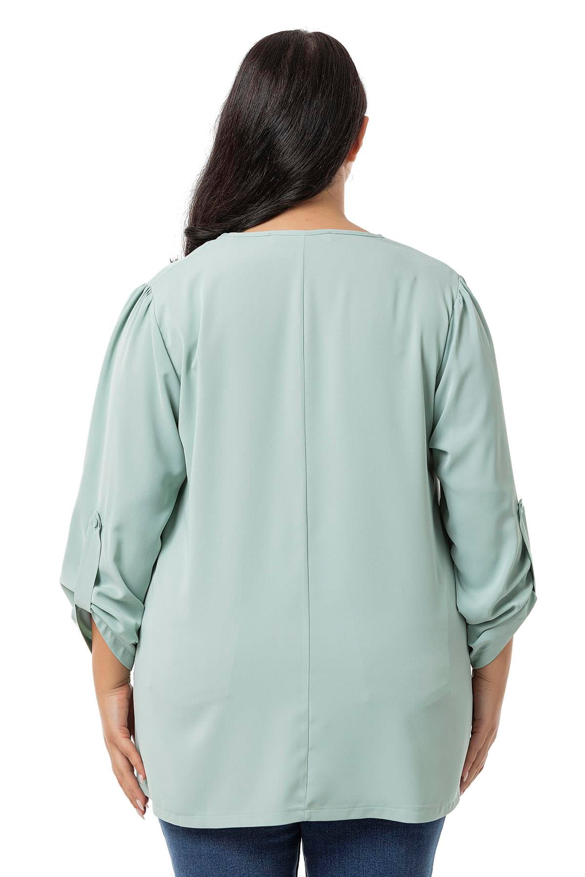 Plus Size V Neck Front Pleated Folded Sleeve Mint Blouse