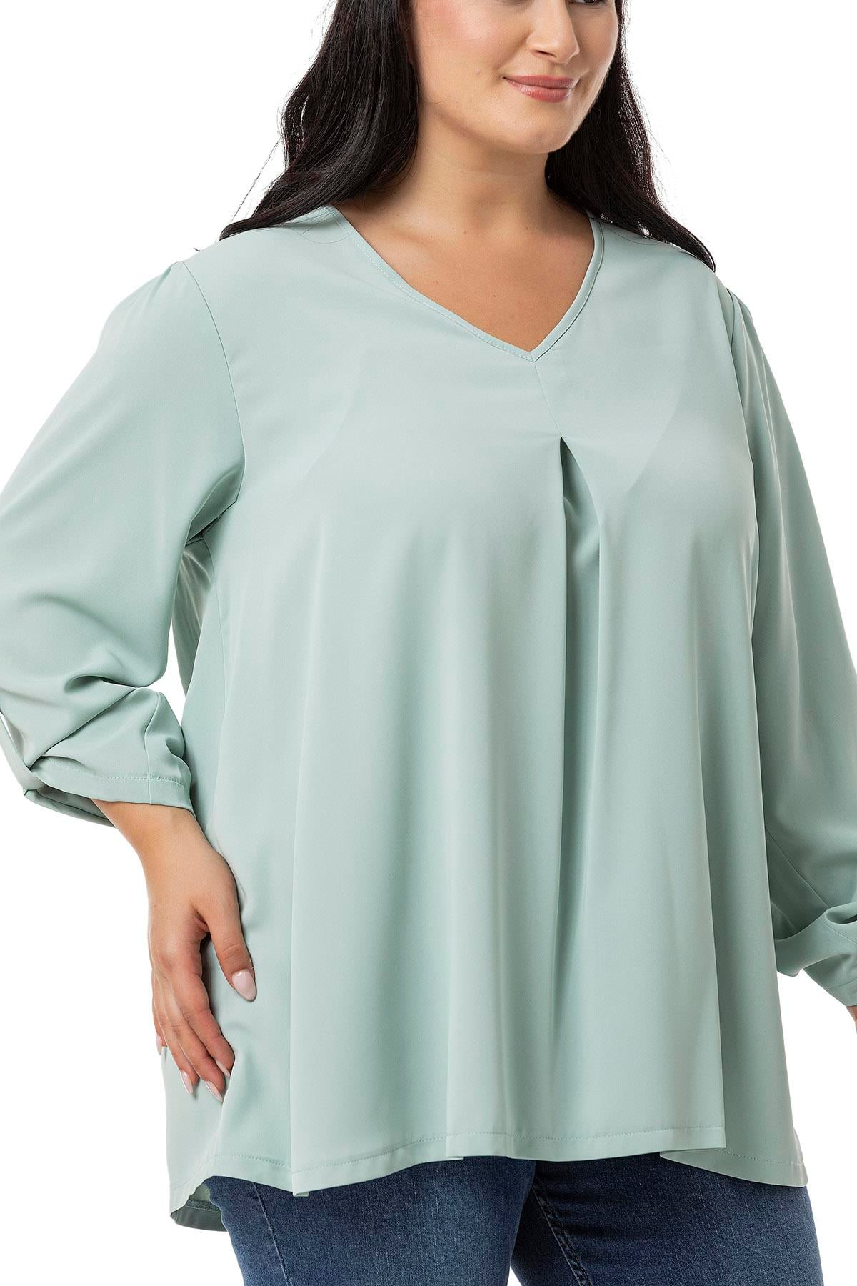 Plus Size V Neck Front Pleated Folded Sleeve Mint Blouse
