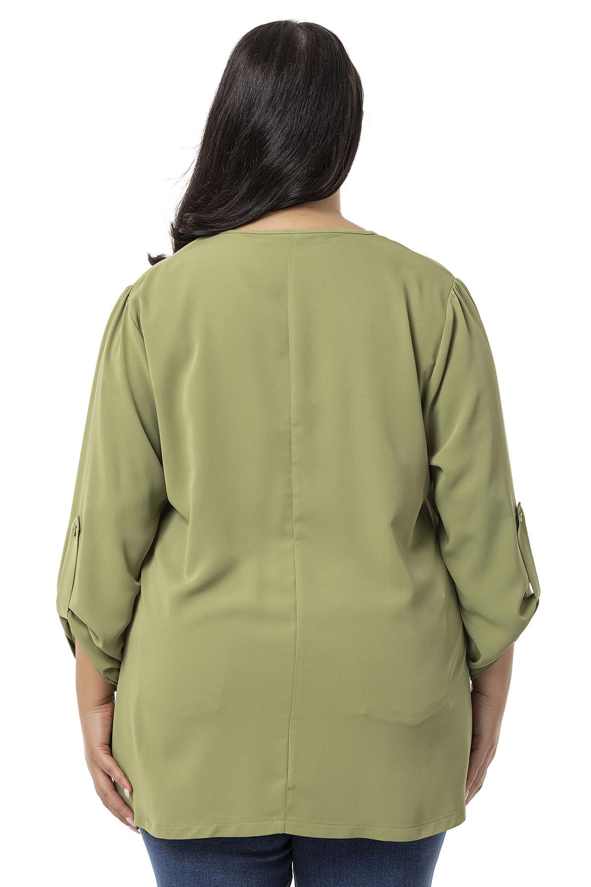 Plus Size V Neck Front Pleated Folded Sleeve Shamrock Blouse