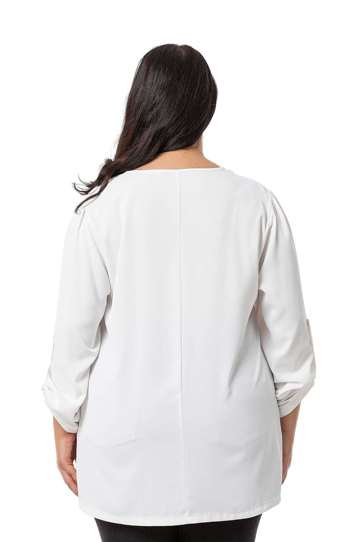 Plus Size V Neck Front Pleated Folded Sleeve White Blouse