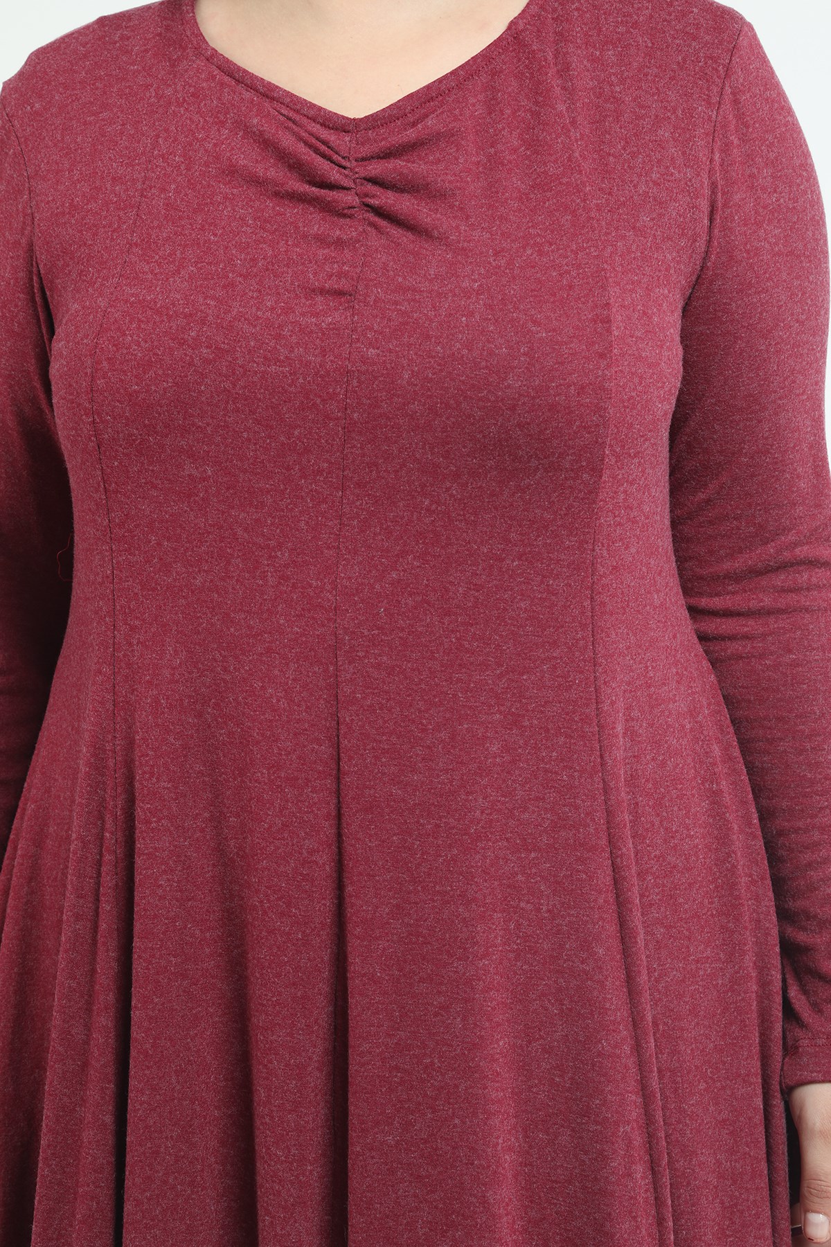 Plus Size V-Neck Wool Viscose Midi Burgundy Flared Dress