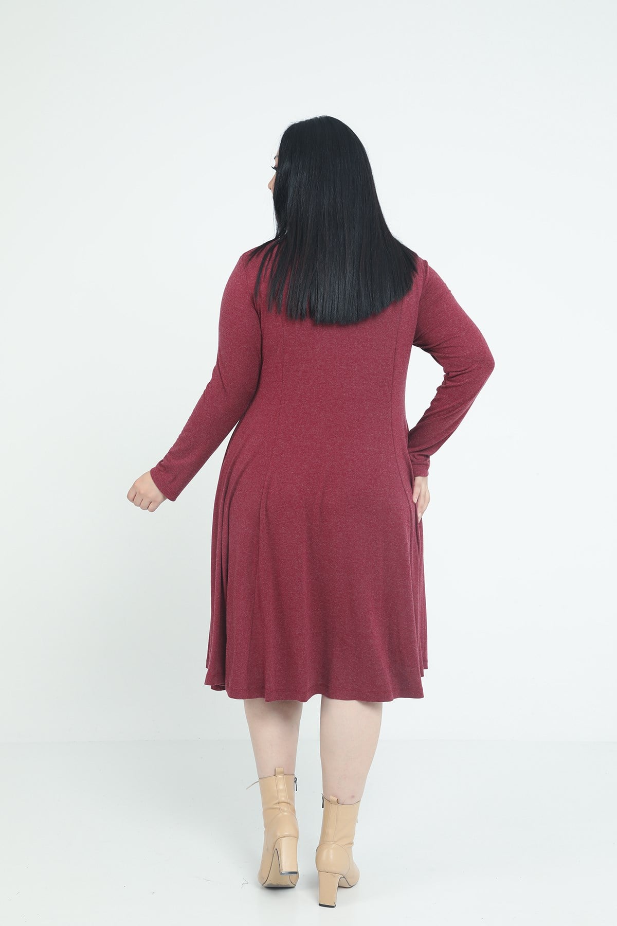 Plus Size V-Neck Wool Viscose Midi Burgundy Flared Dress