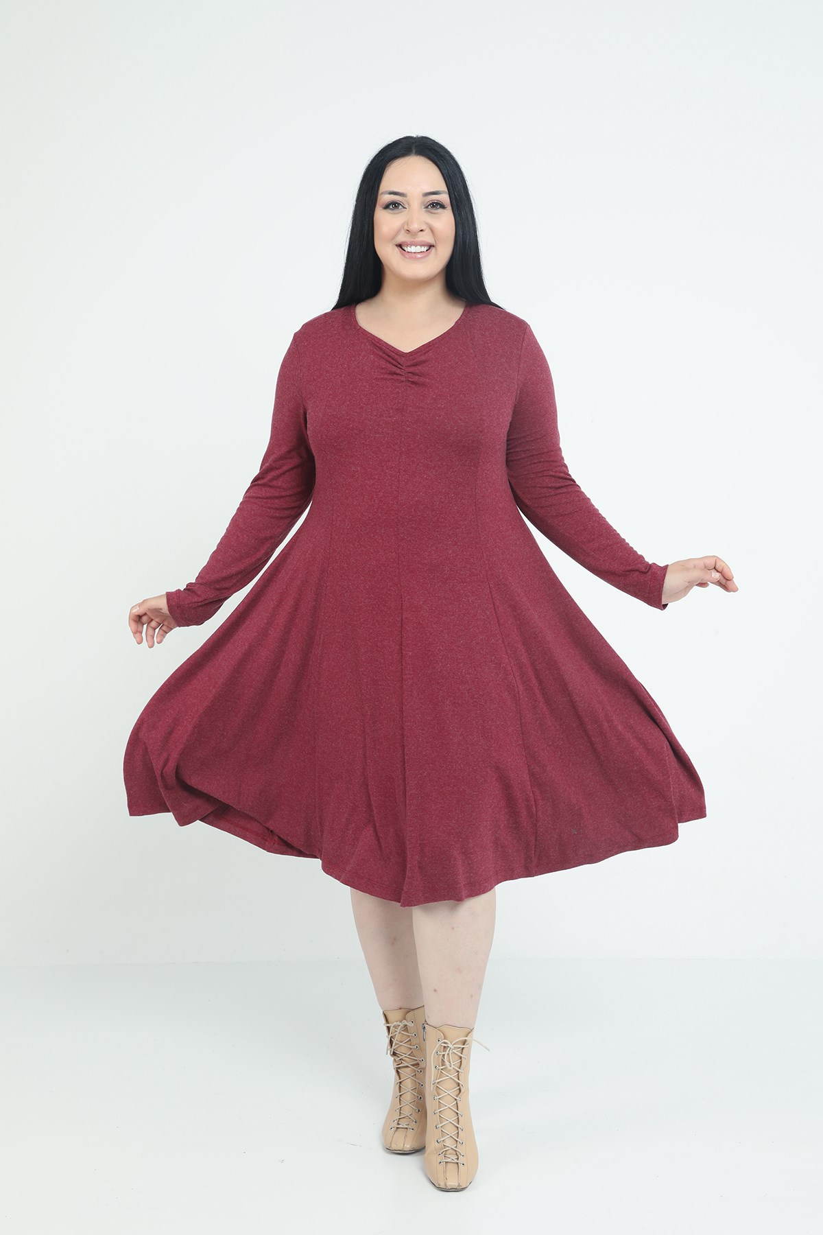 Plus Size V-Neck Wool Viscose Midi Burgundy Flared Dress