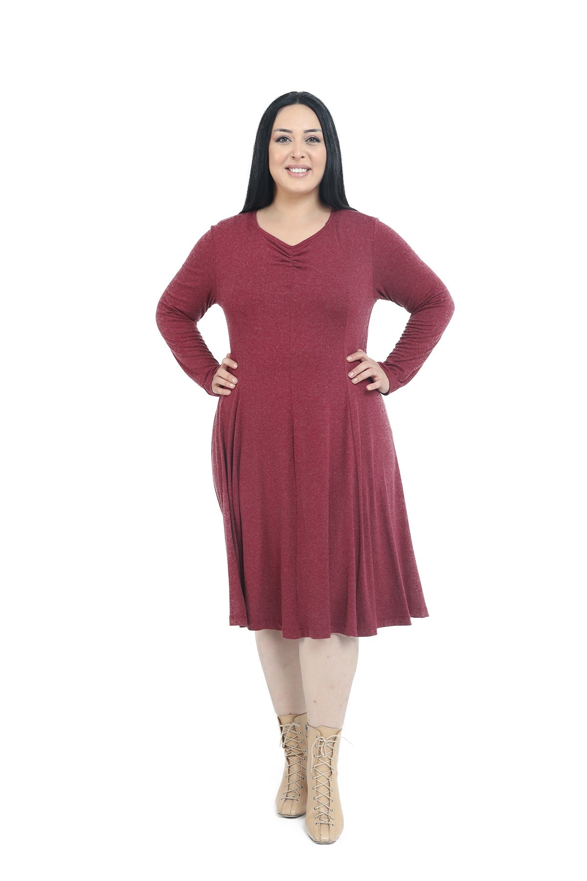 Plus Size V-Neck Wool Viscose Midi Burgundy Flared Dress