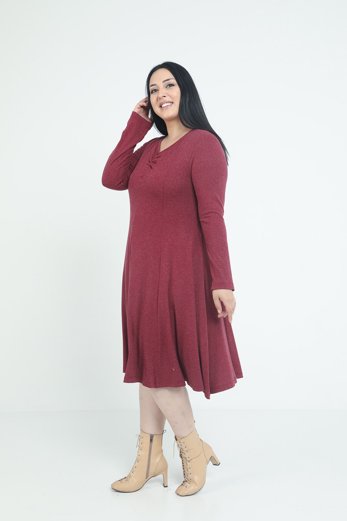 Plus Size V-Neck Wool Viscose Midi Burgundy Flared Dress