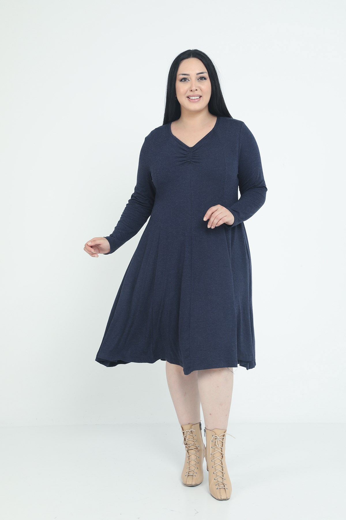 Plus Size V-Neck Wool Viscose Midi Navy Blue Flared Dress