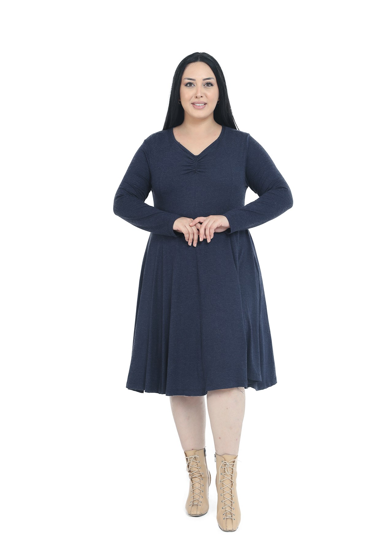 Plus Size V-Neck Wool Viscose Midi Navy Blue Flared Dress