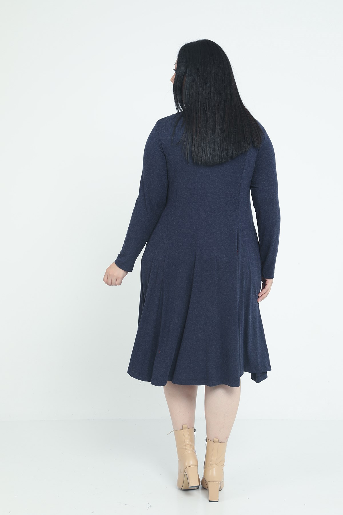 Plus Size V-Neck Wool Viscose Midi Navy Blue Flared Dress