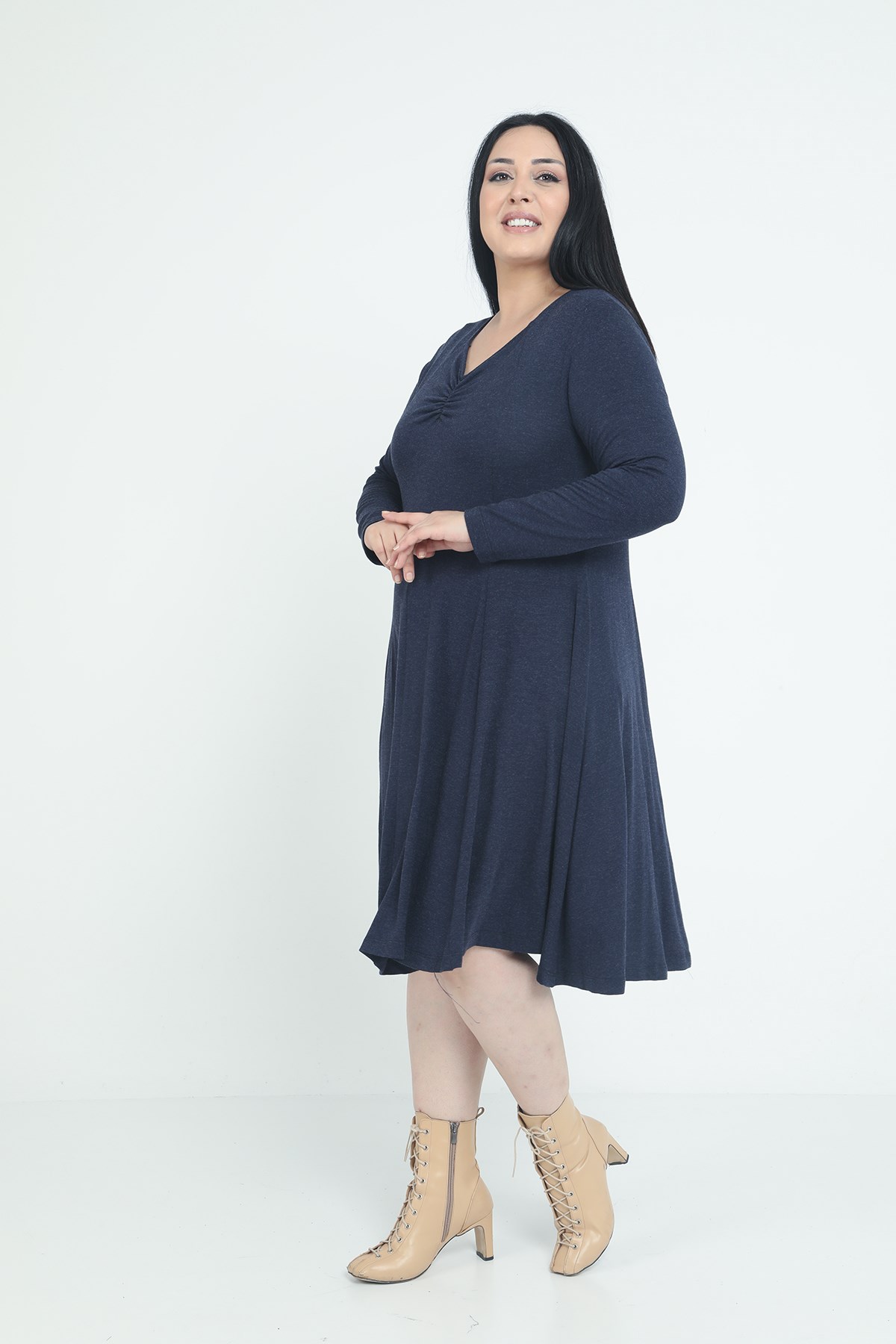 Plus Size V-Neck Wool Viscose Midi Navy Blue Flared Dress