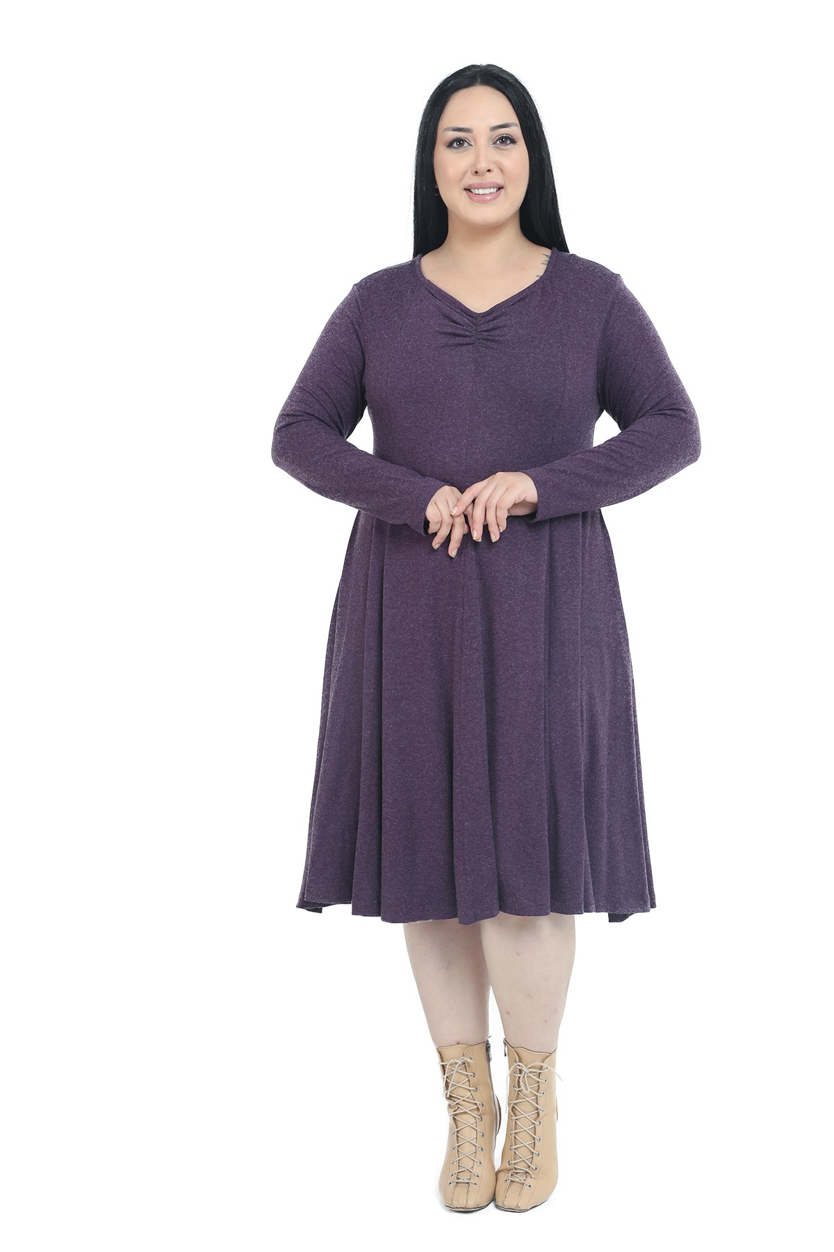 Plus Size V-Neck Wool Viscose Midi Plum Flared Dress