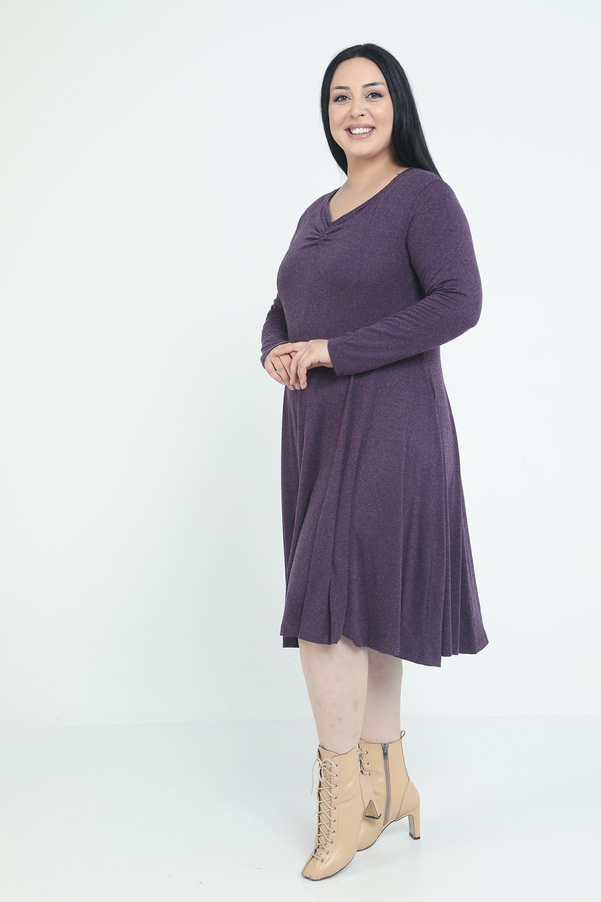 Plus Size V-Neck Wool Viscose Midi Plum Flared Dress