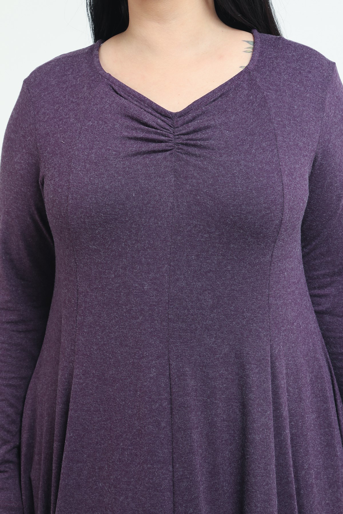 Plus Size V-Neck Wool Viscose Midi Plum Flared Dress