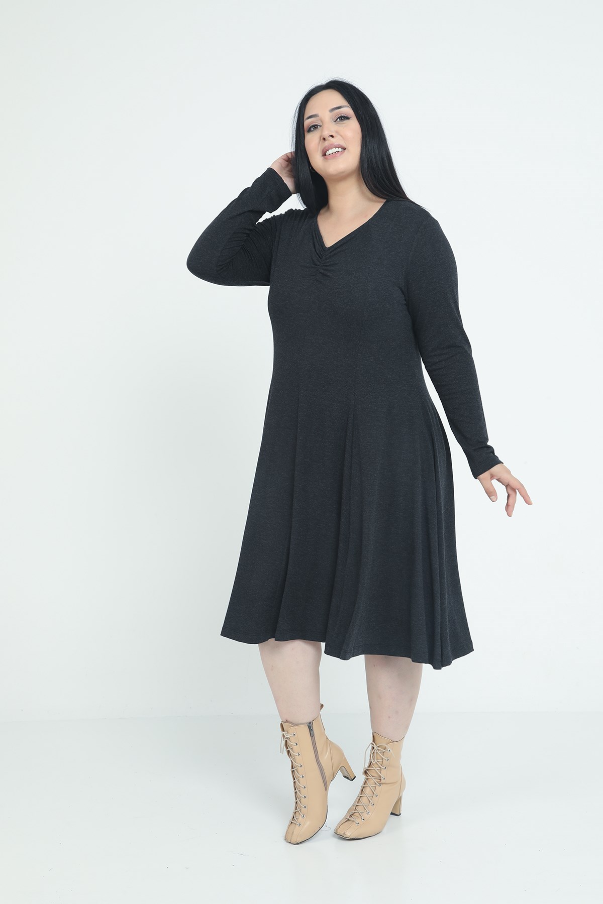 Plus Size V-Neck Wool Viscose Midi Black Flared Dress