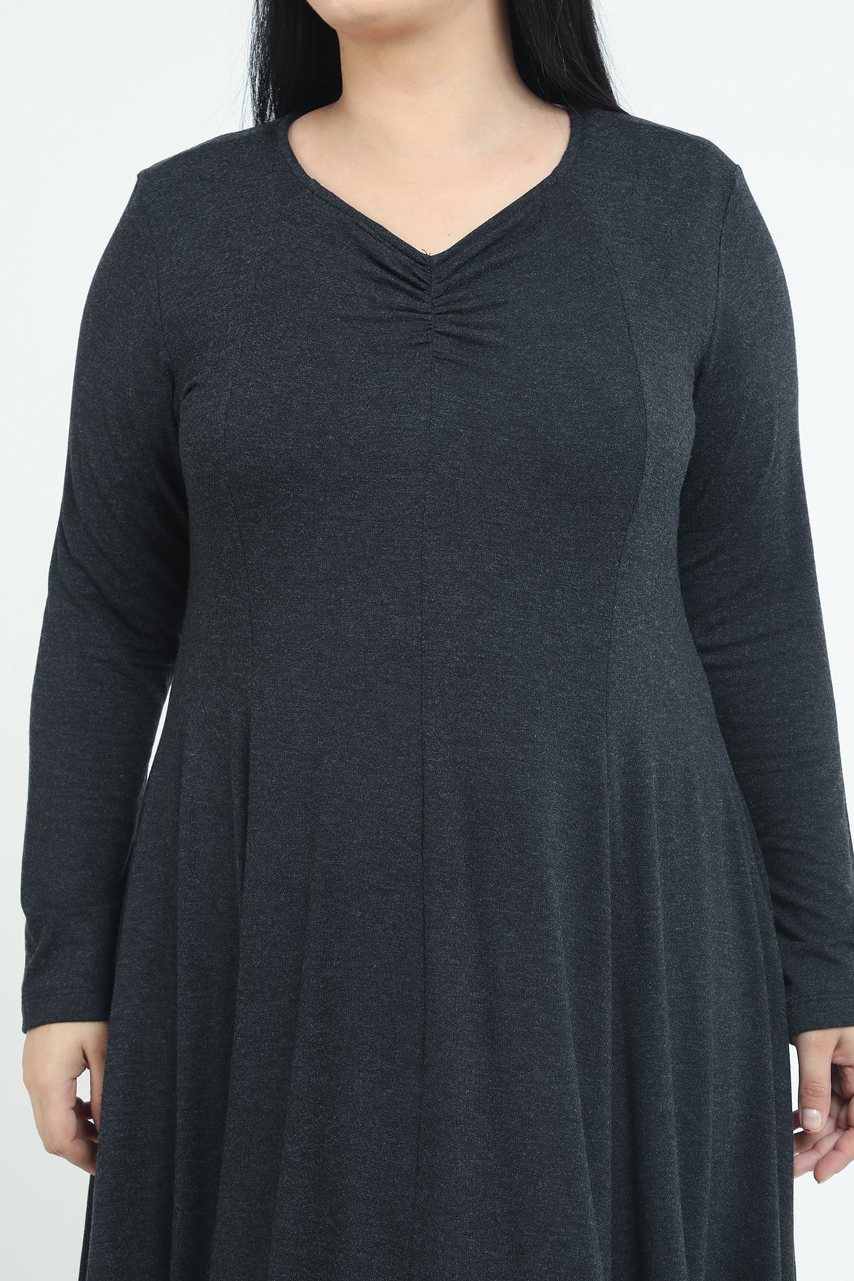 Plus Size V-Neck Wool Viscose Midi Black Flared Dress
