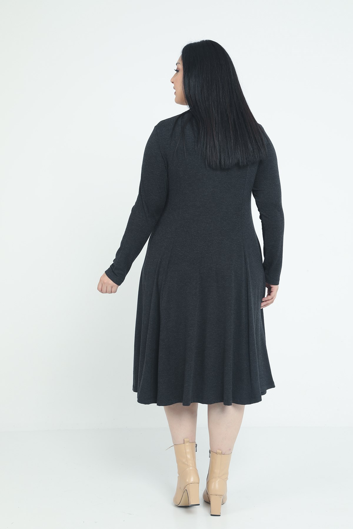 Plus Size V-Neck Wool Viscose Midi Black Flared Dress