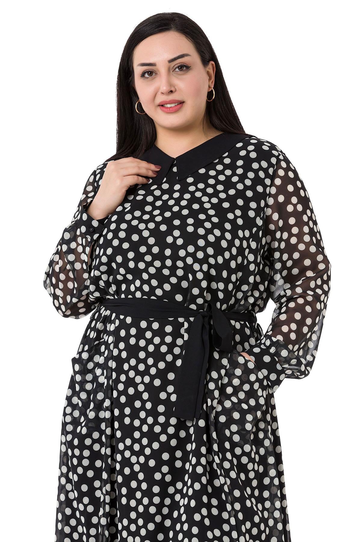 Plus Size Buckle Detailed Elastic Cuffs Long Back Linen Black Tunic Dress
