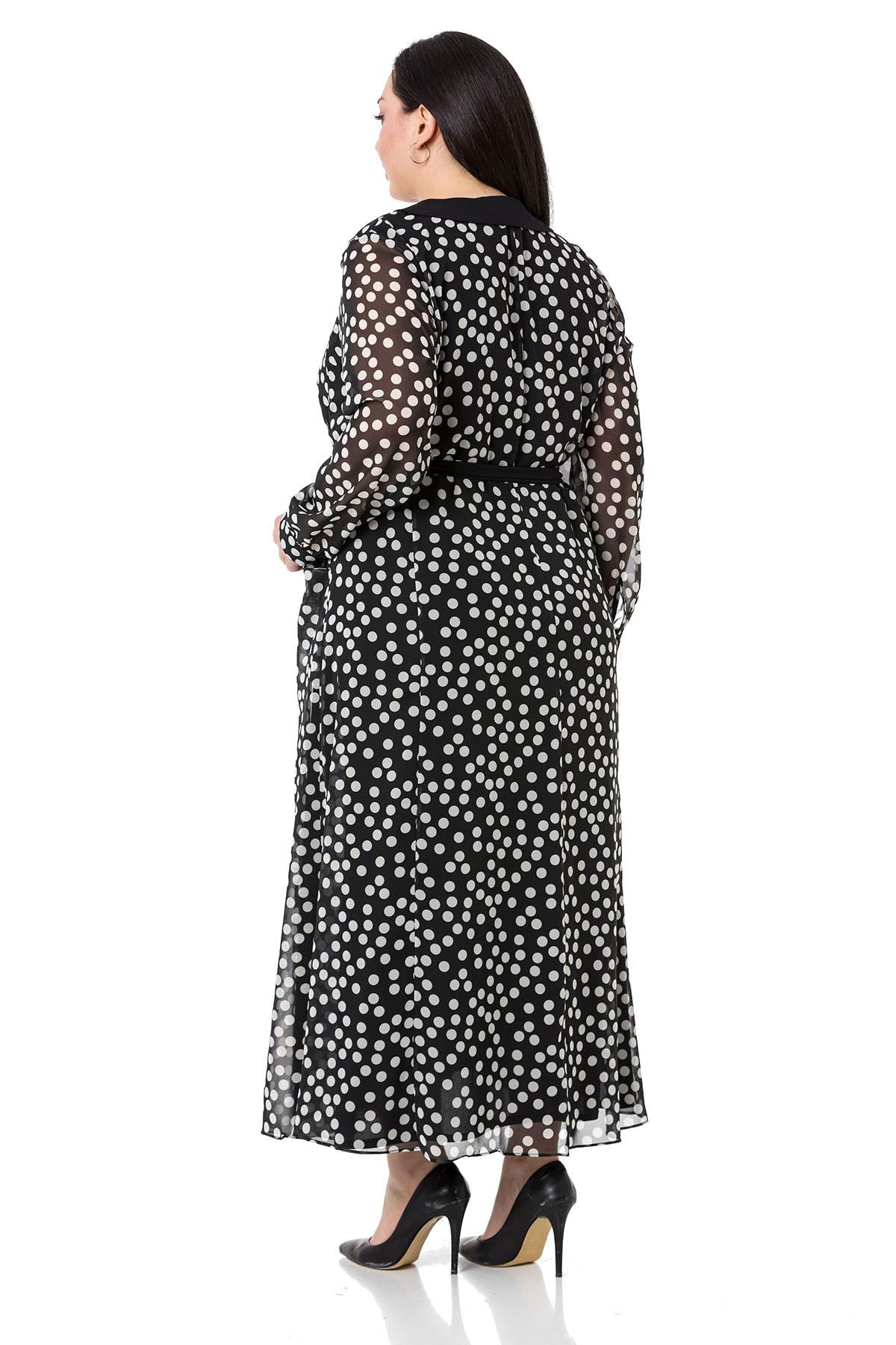 Plus Size Buckle Detailed Elastic Cuffs Long Back Linen Black Tunic Dress