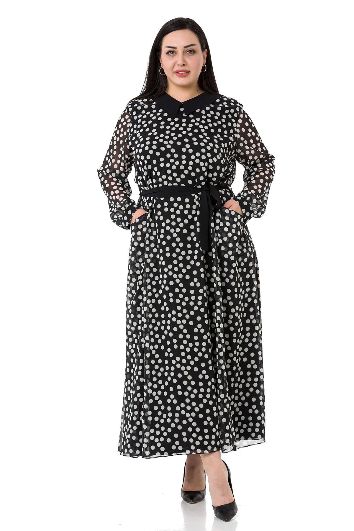 Plus Size Buckle Detailed Elastic Cuffs Long Back Linen Black Tunic Dress