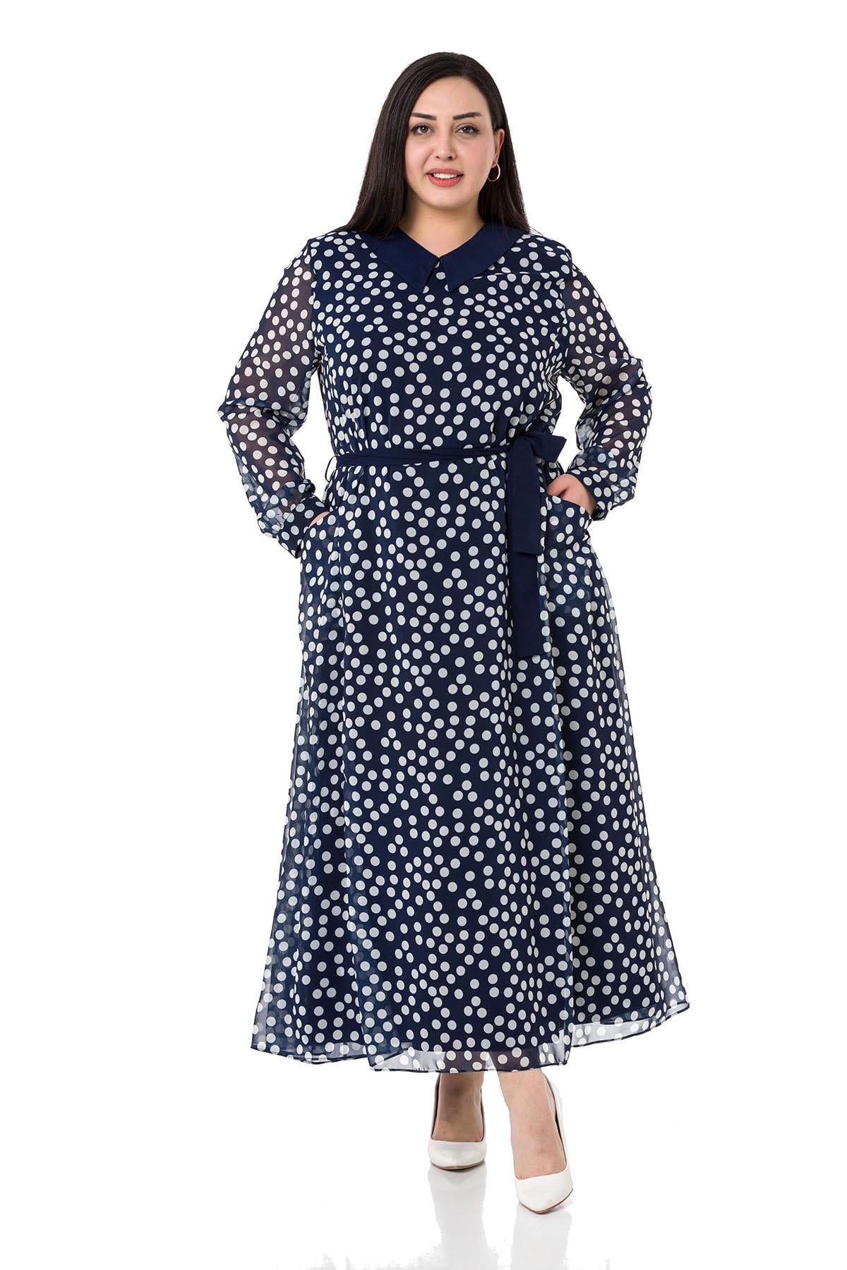 Plus Size Buckle Detailed Elastic Cuffs Long Back Linen Navy Blue Tunic Dress