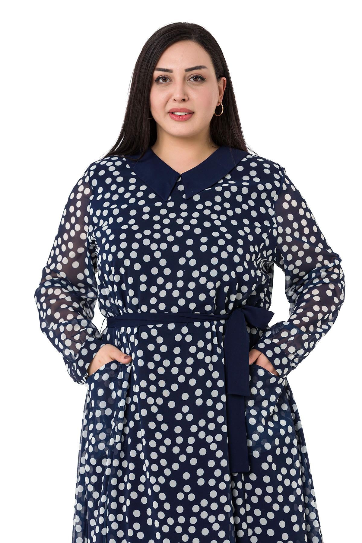 Plus Size Buckle Detailed Elastic Cuffs Long Back Linen Navy Blue Tunic Dress