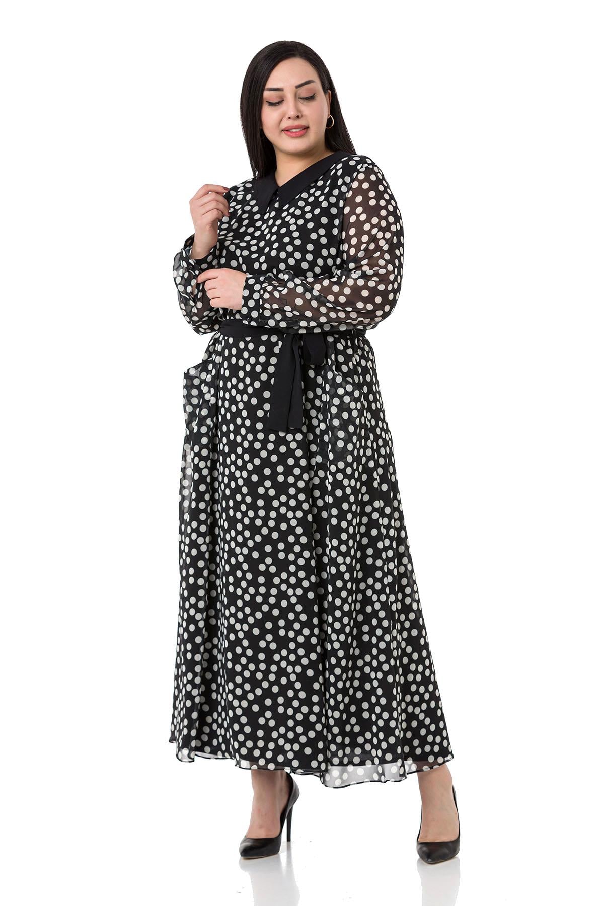 Plus Size Buckle Detailed Elastic Cuffs Long Back Linen Black Tunic Dress