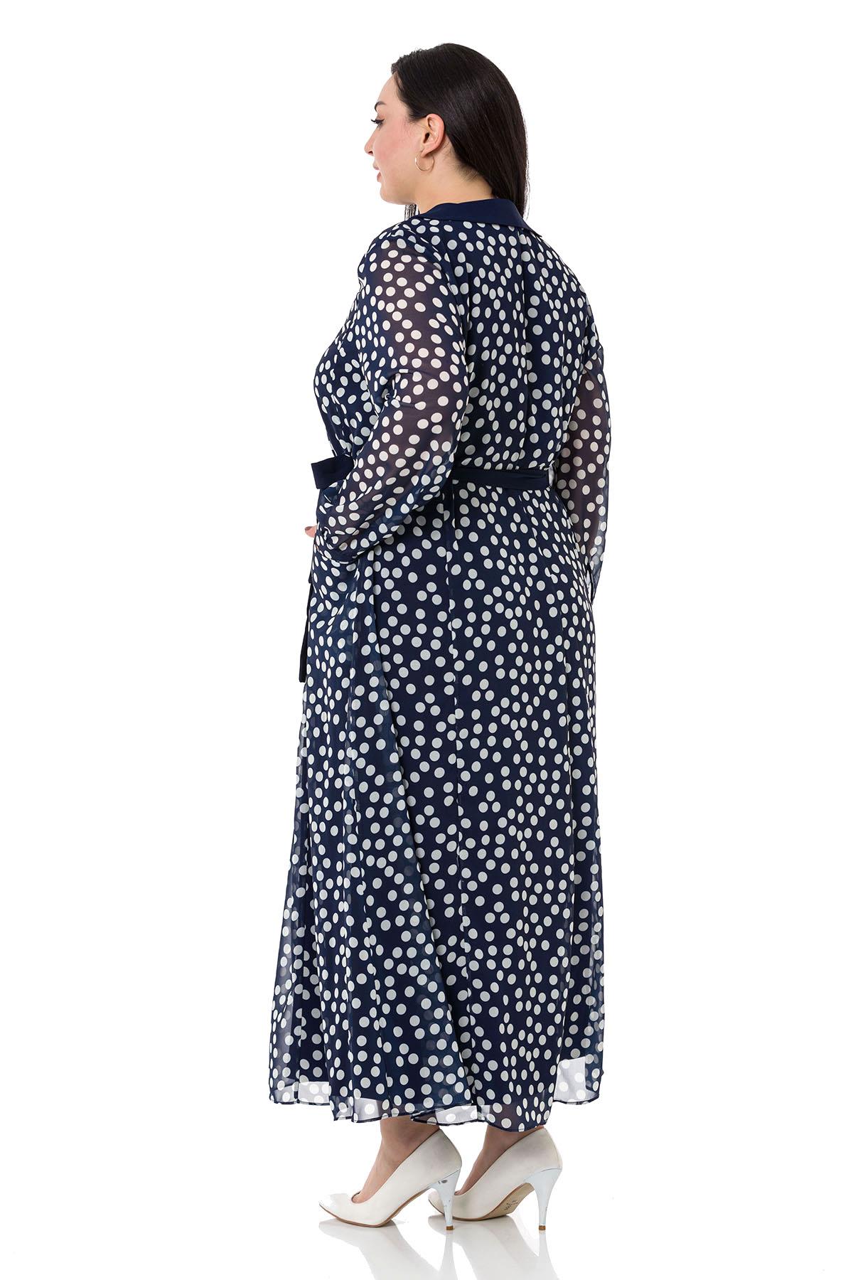 Plus Size Buckle Detailed Elastic Cuffs Long Back Linen Navy Blue Tunic Dress