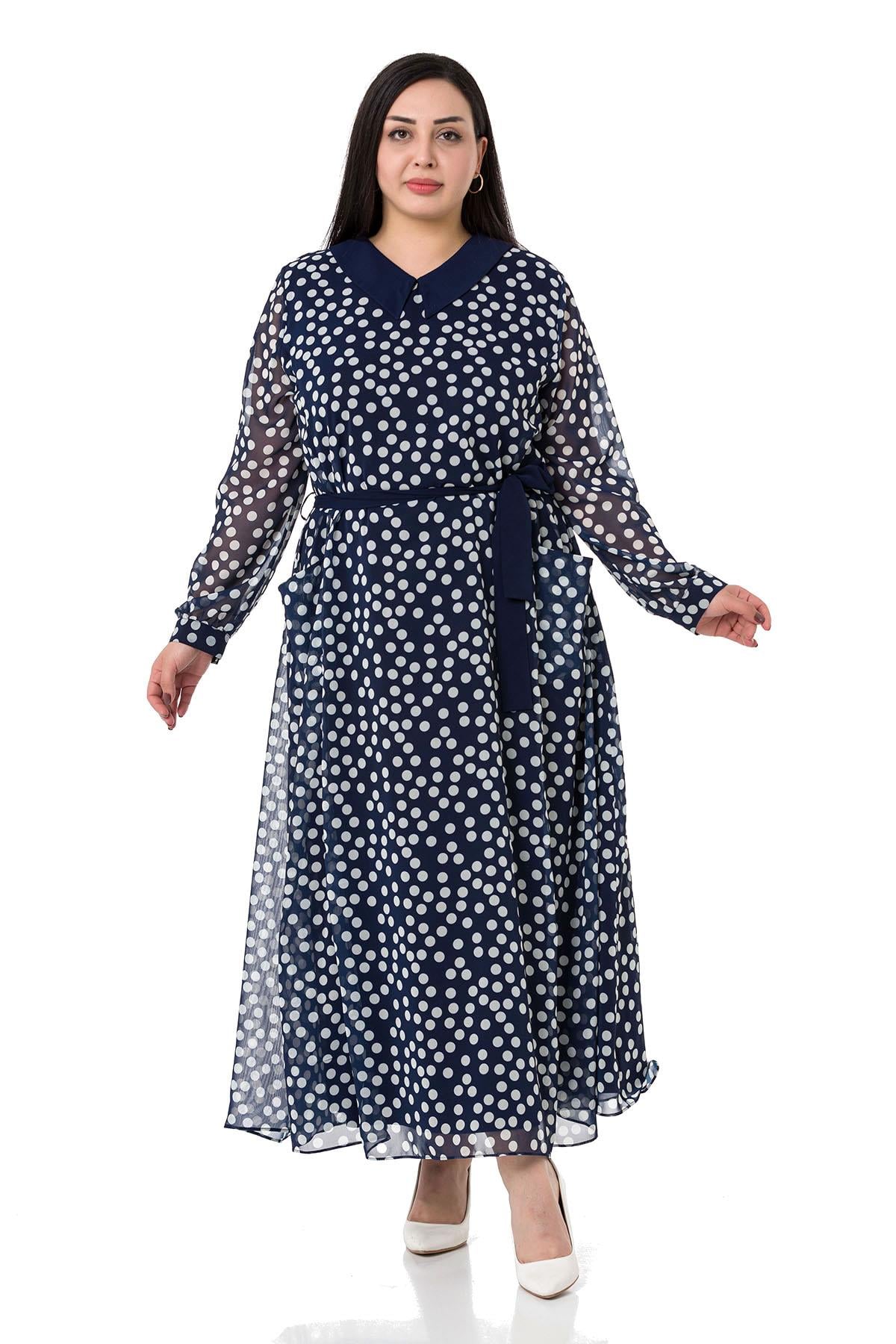 Plus Size Buckle Detailed Elastic Cuffs Long Back Linen Navy Blue Tunic Dress