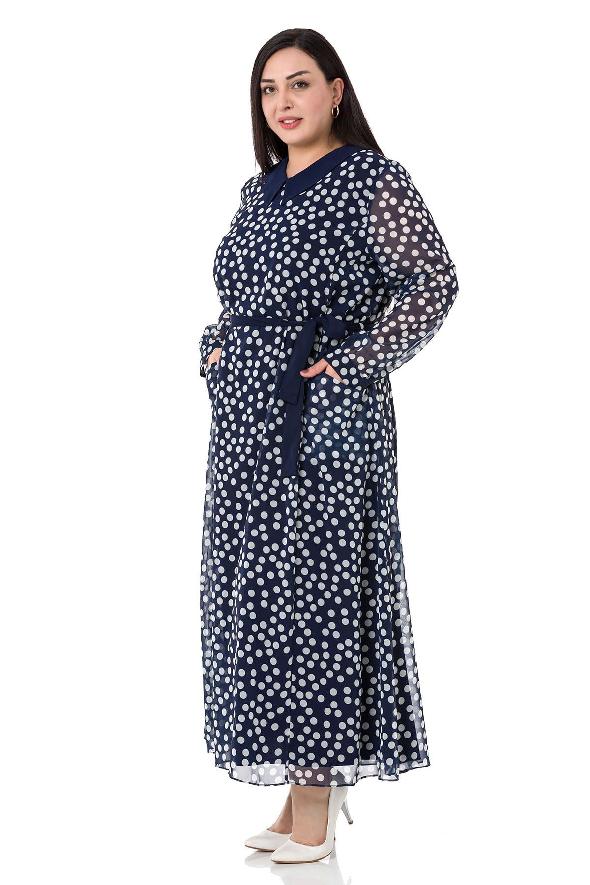 Plus Size Buckle Detailed Elastic Cuffs Long Back Linen Navy Blue Tunic Dress