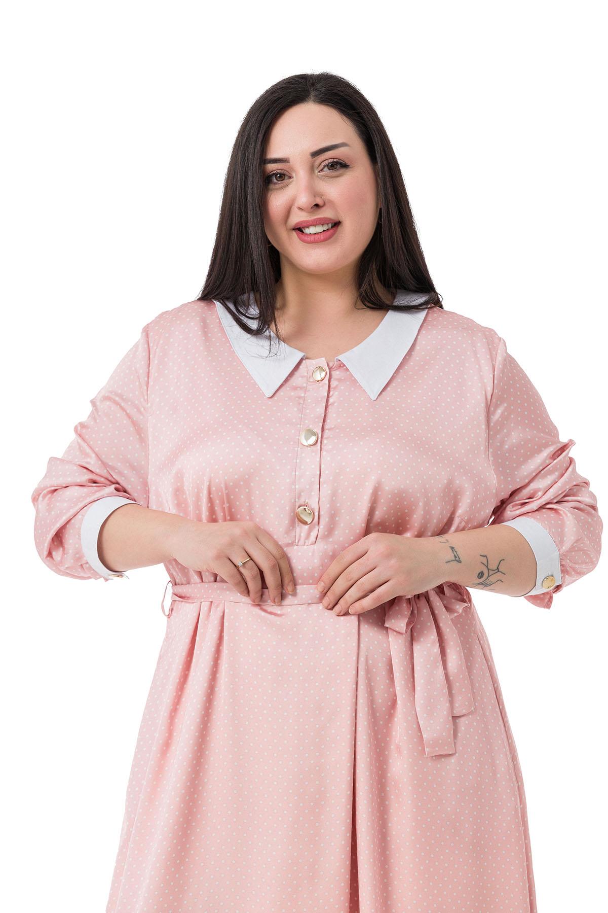 Plus Size Collar and Cuff Detailed Pocket Belted Polka Dot Satin Long Pink Dress