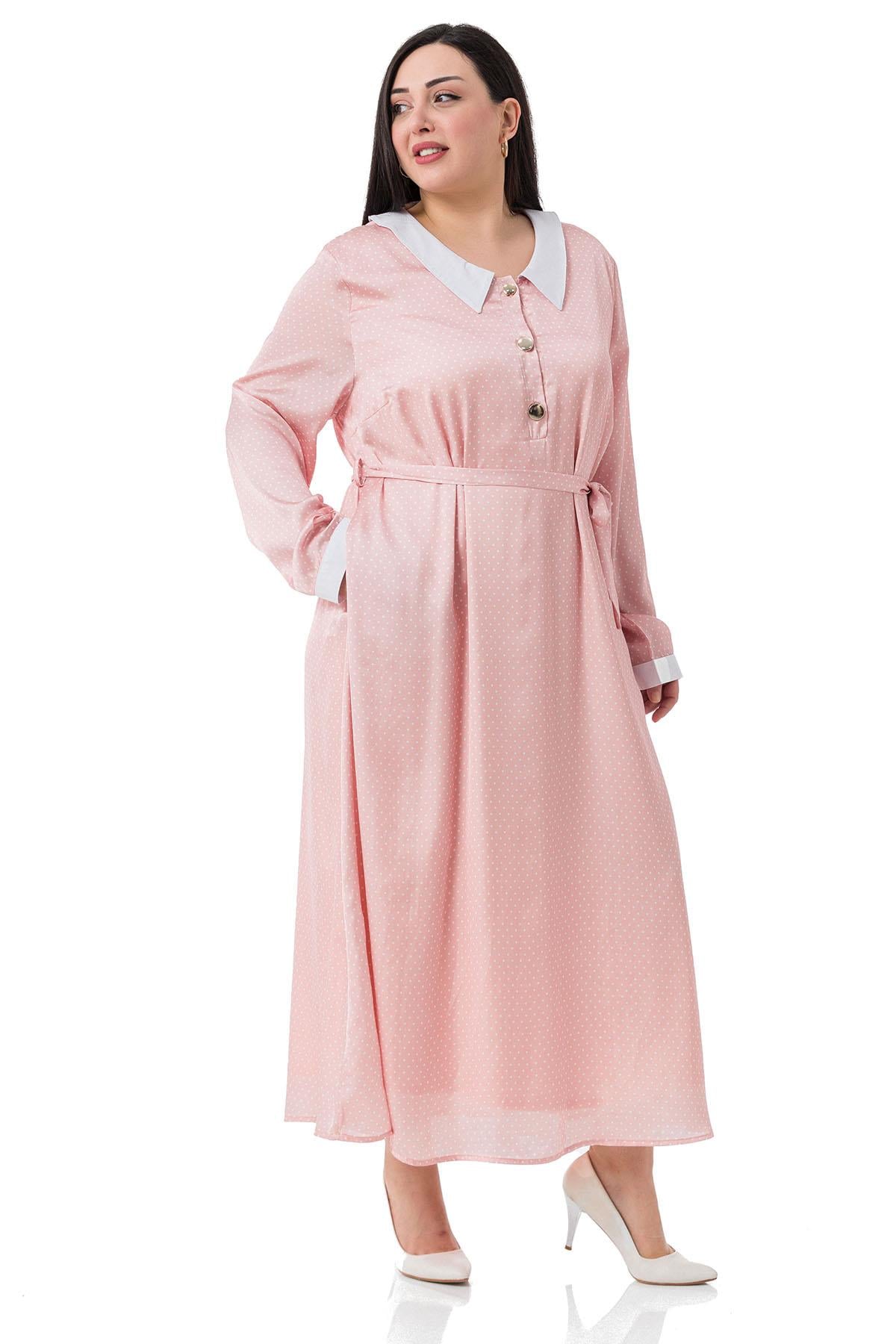 Plus Size Collar and Cuff Detailed Pocket Belted Polka Dot Satin Long Pink Dress