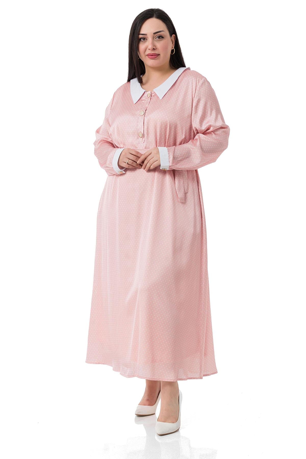 Plus Size Collar and Cuff Detailed Pocket Belted Polka Dot Satin Long Pink Dress