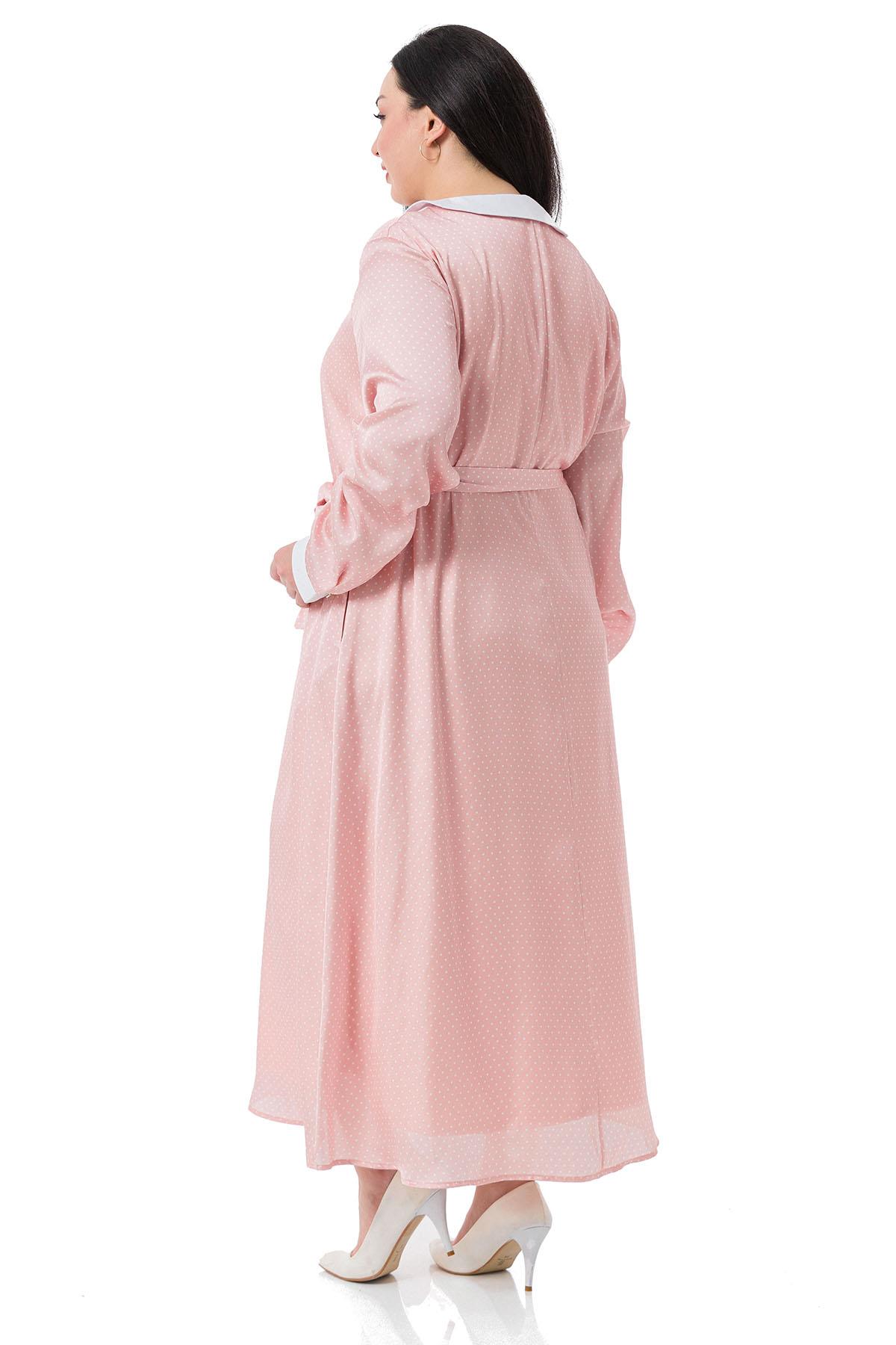 Plus Size Collar and Cuff Detailed Pocket Belted Polka Dot Satin Long Pink Dress