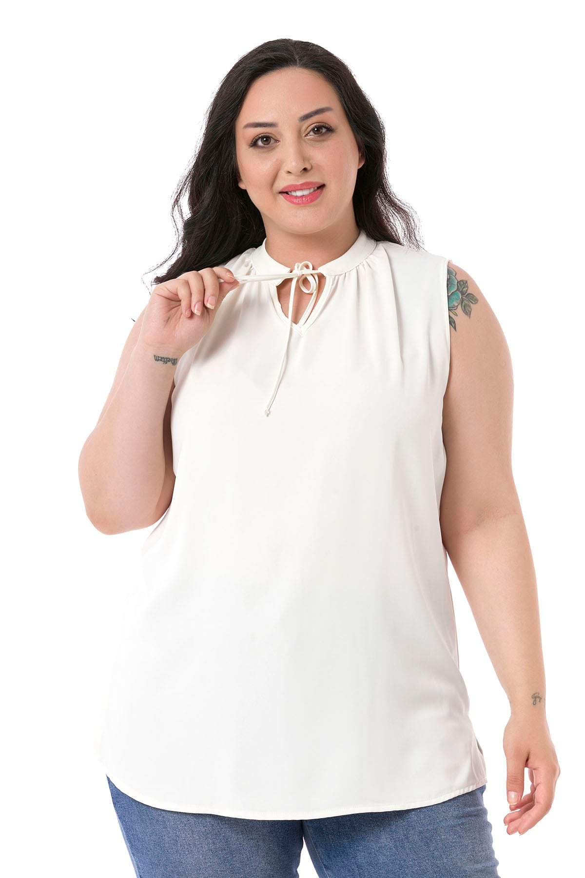 Plus Size Sleeveless White Blouse with Tie-Down Collar High Collar and Side Slits