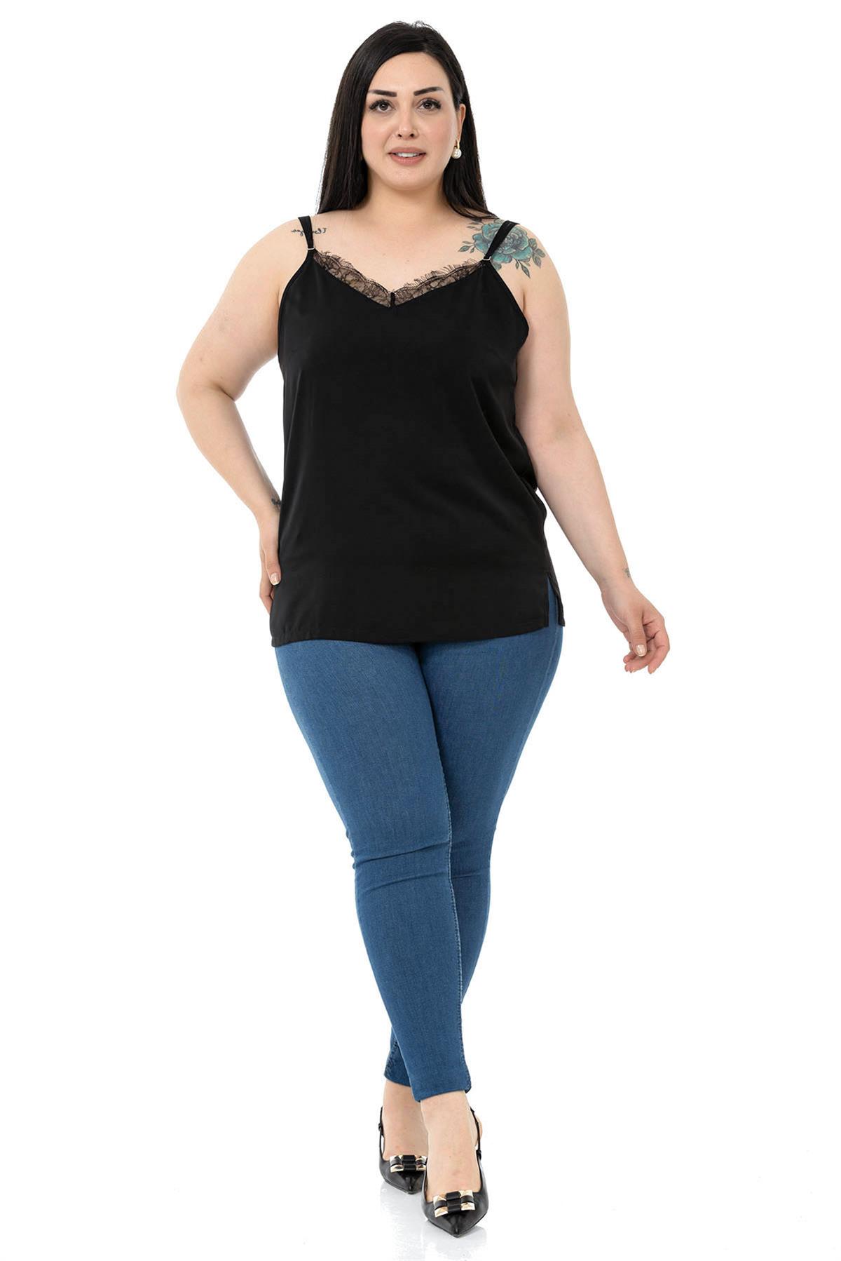Plus Size Lace Collar Adjustable Thin Strap Black Blouse