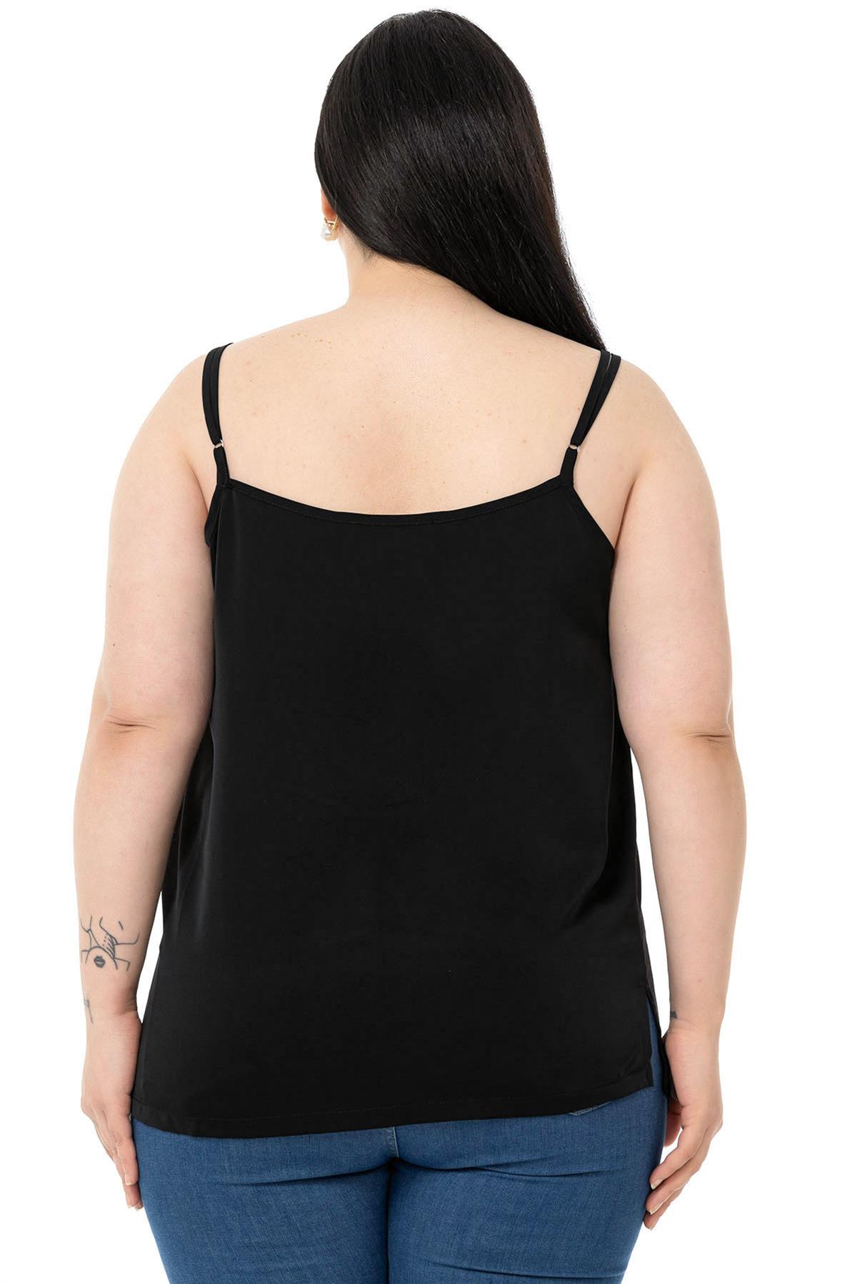 Plus Size Lace Collar Adjustable Thin Strap Black Blouse